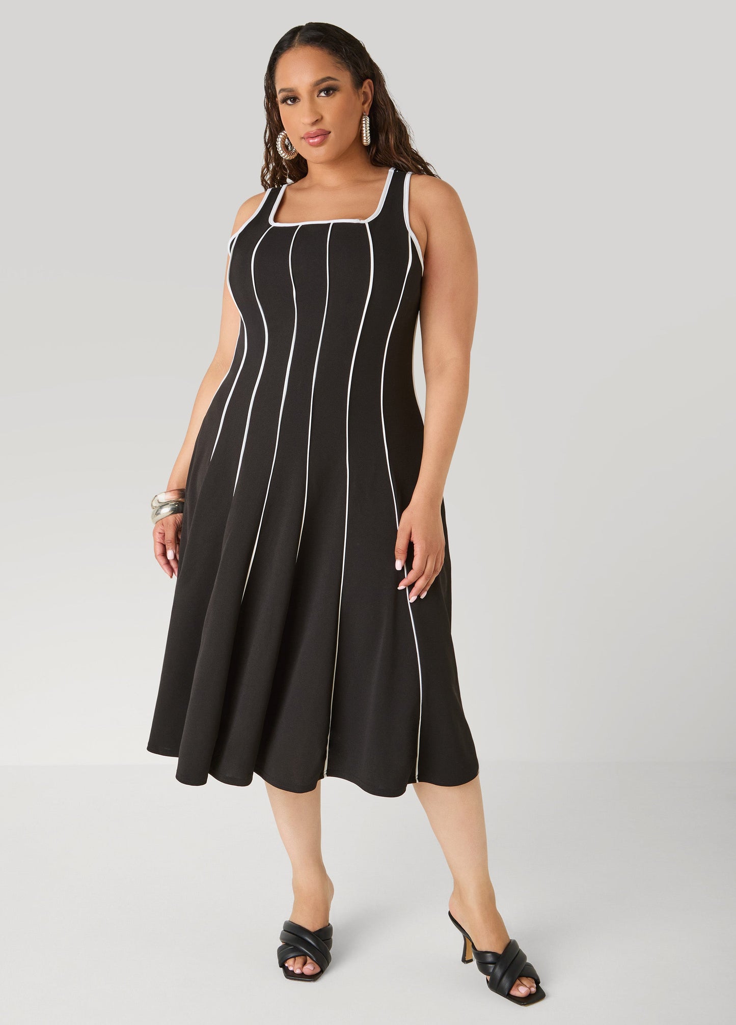 Ashley Stewart Piped A Line Midi Dress Black