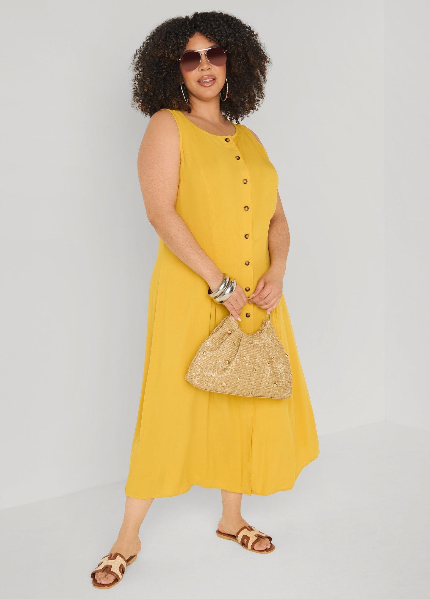 Ashley Stewart Pleated Woven Maxi Shirtdress Spicy Mustard