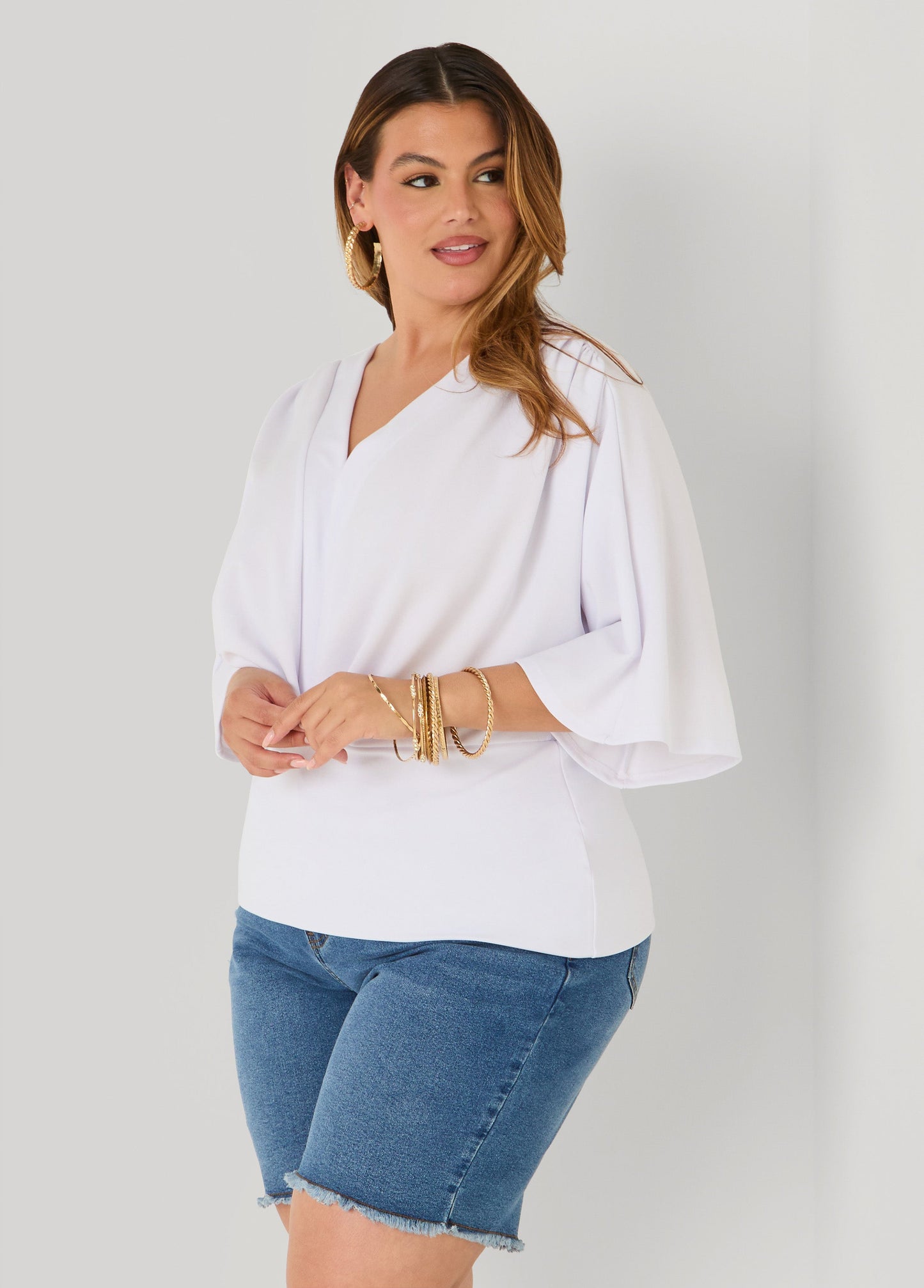 Ashley Stewart V Neck Stretch Crepe Top Brown