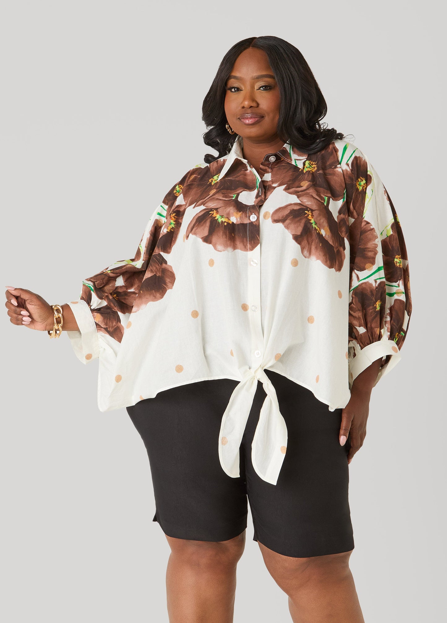 Ashley Stewart Tie Front Floral Cotton Shirt Brown