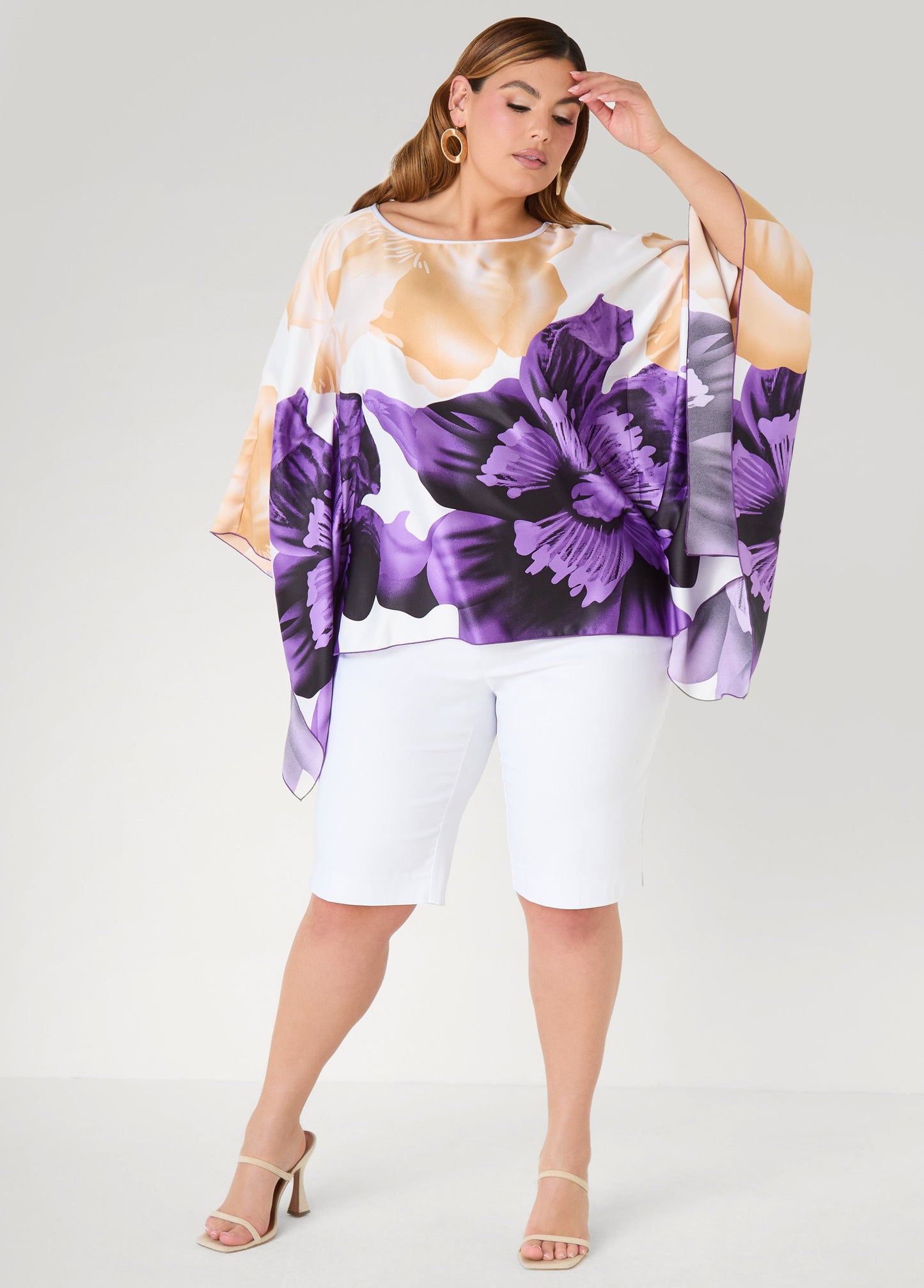 Ashley Stewart Draped Sleeve Floral Print Tunic Navy Peony