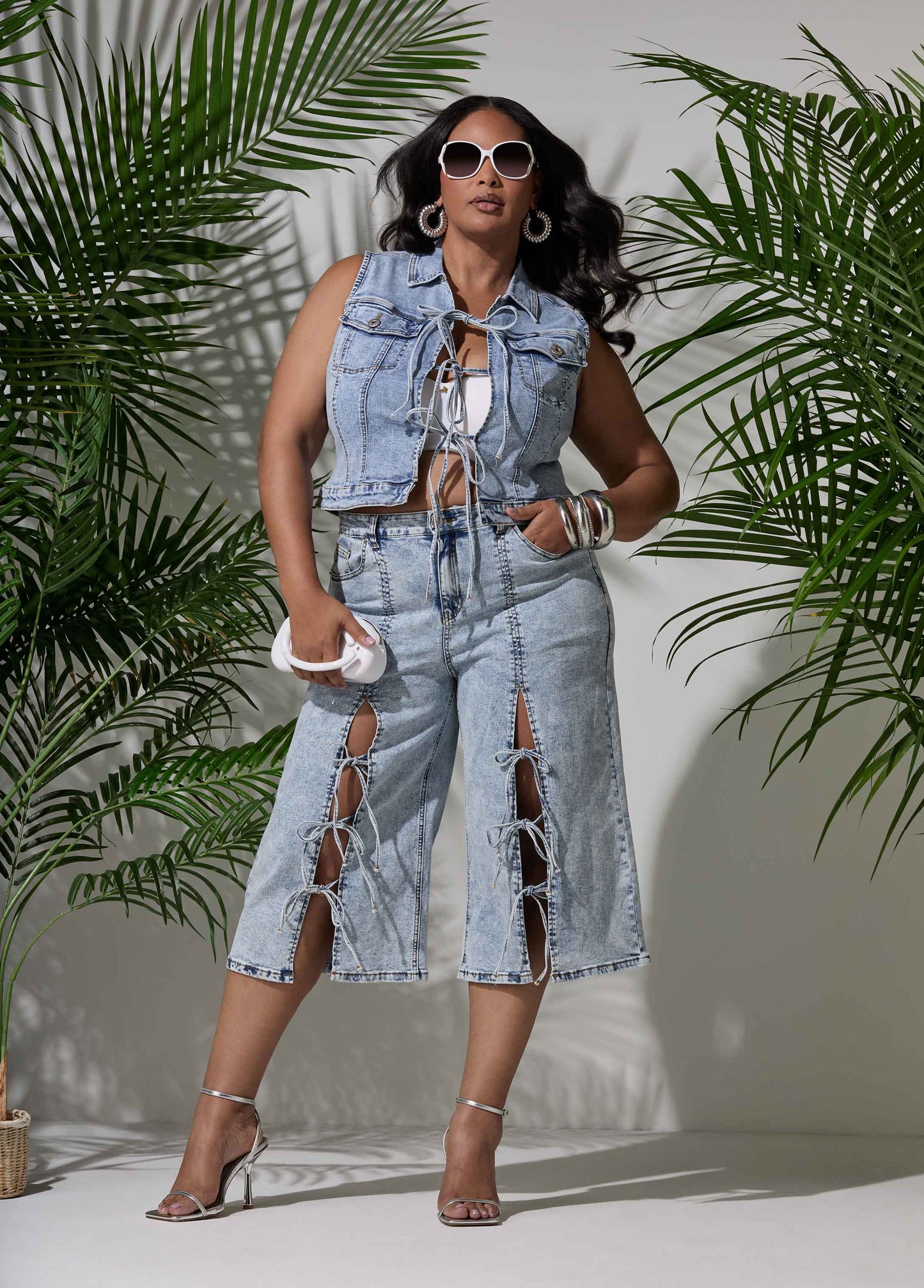 Ashley Stewart Tie Front Acid Wash Denim Capris Acid