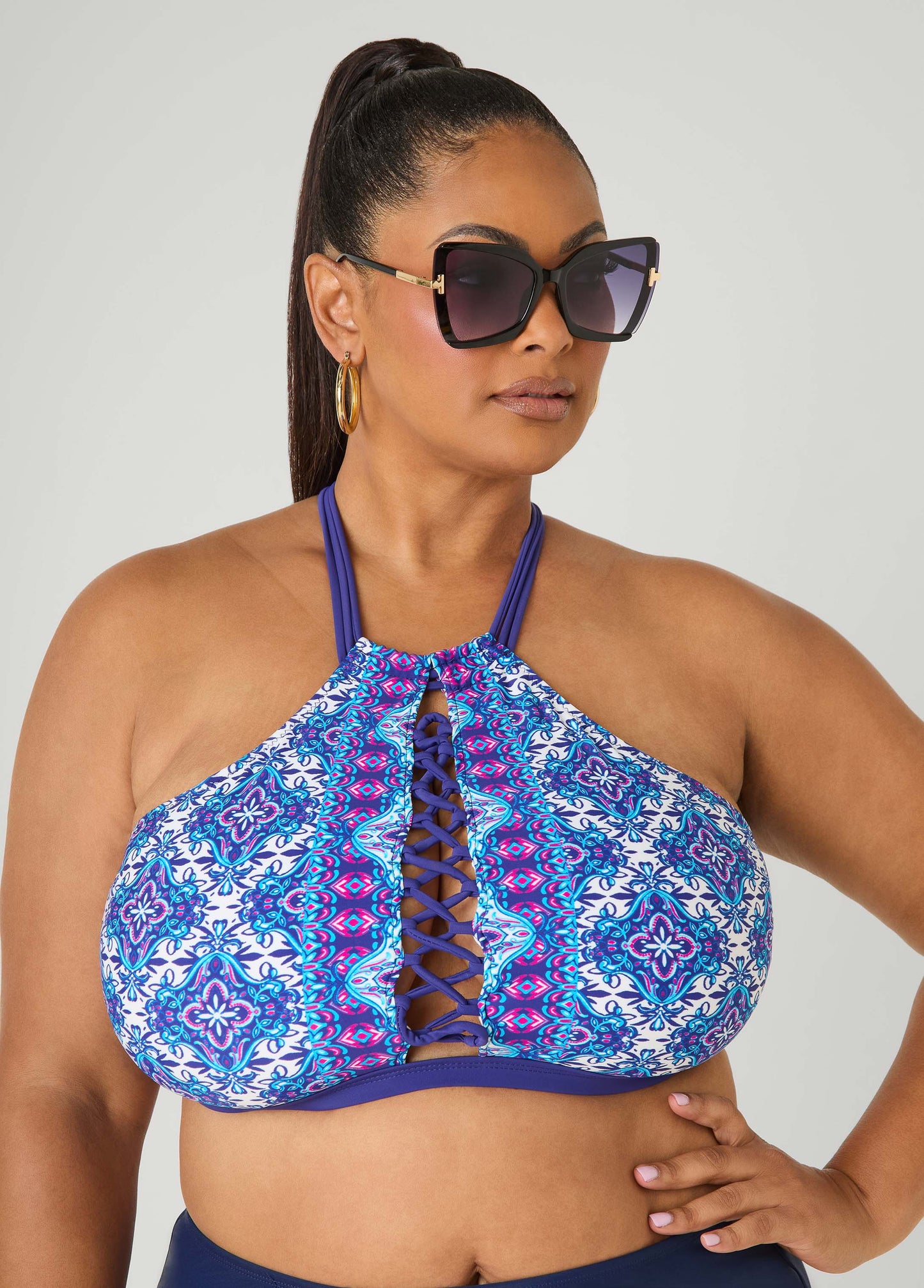 Ashley Stewart Printed Halter Bikini Top Blue