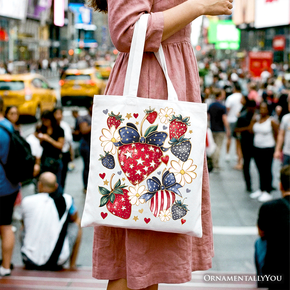 Ashley Stewart Patriotic Strawberries Tote Bag Red Handle