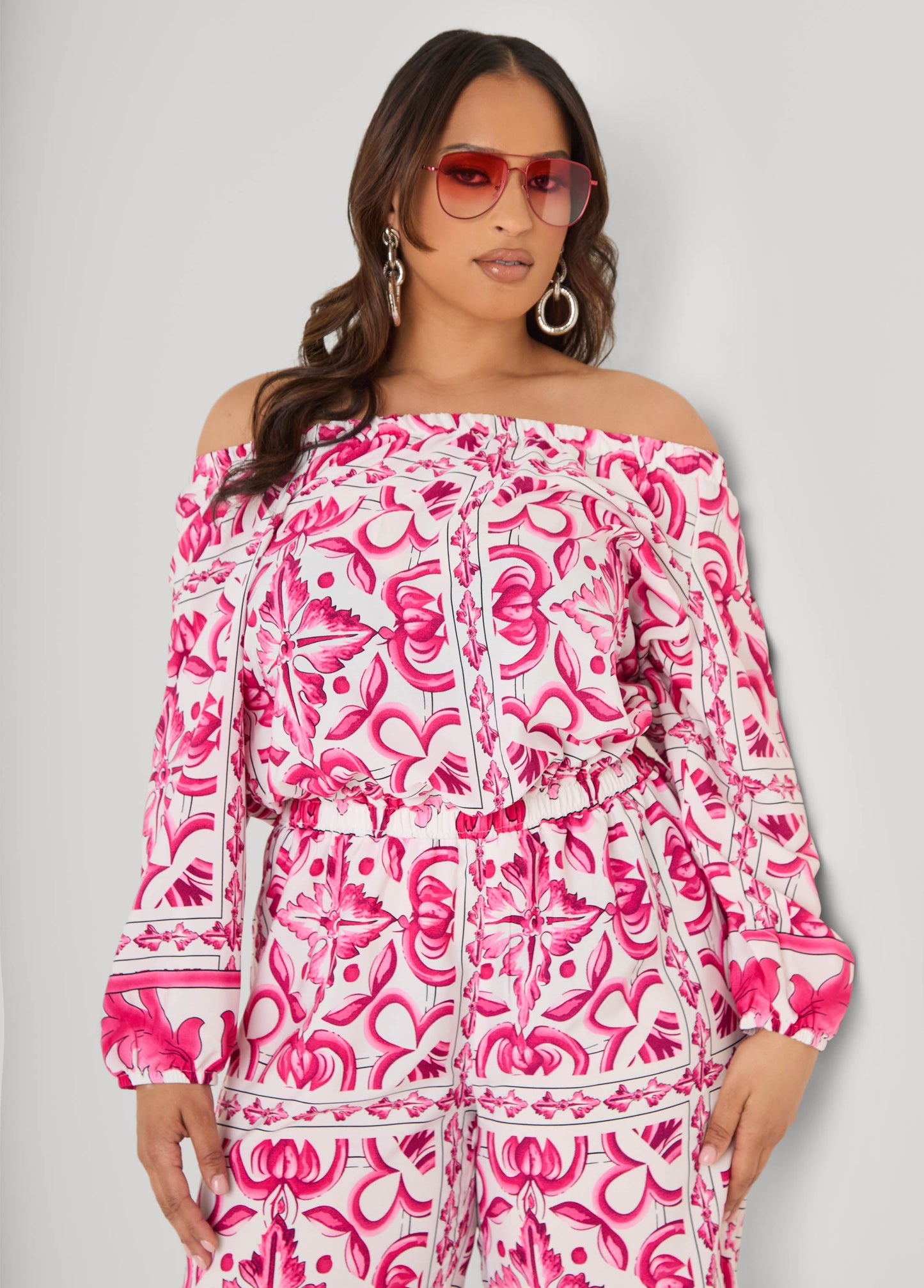 Ashley Stewart Off The Shoulder Floral Jumpsuit Fandango Pink