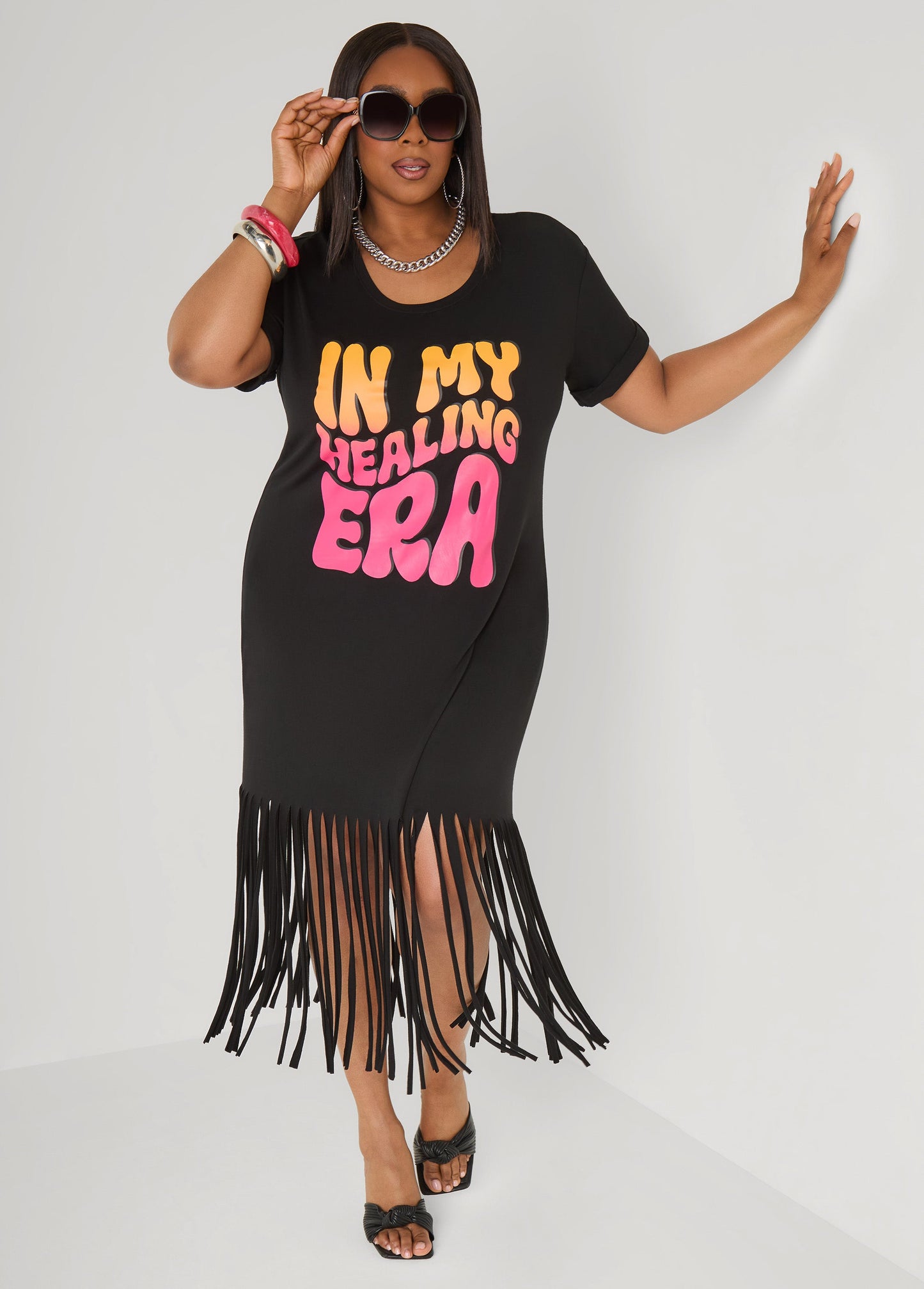 Ashley Stewart Healing Era Fringed T Shirt Dress Black