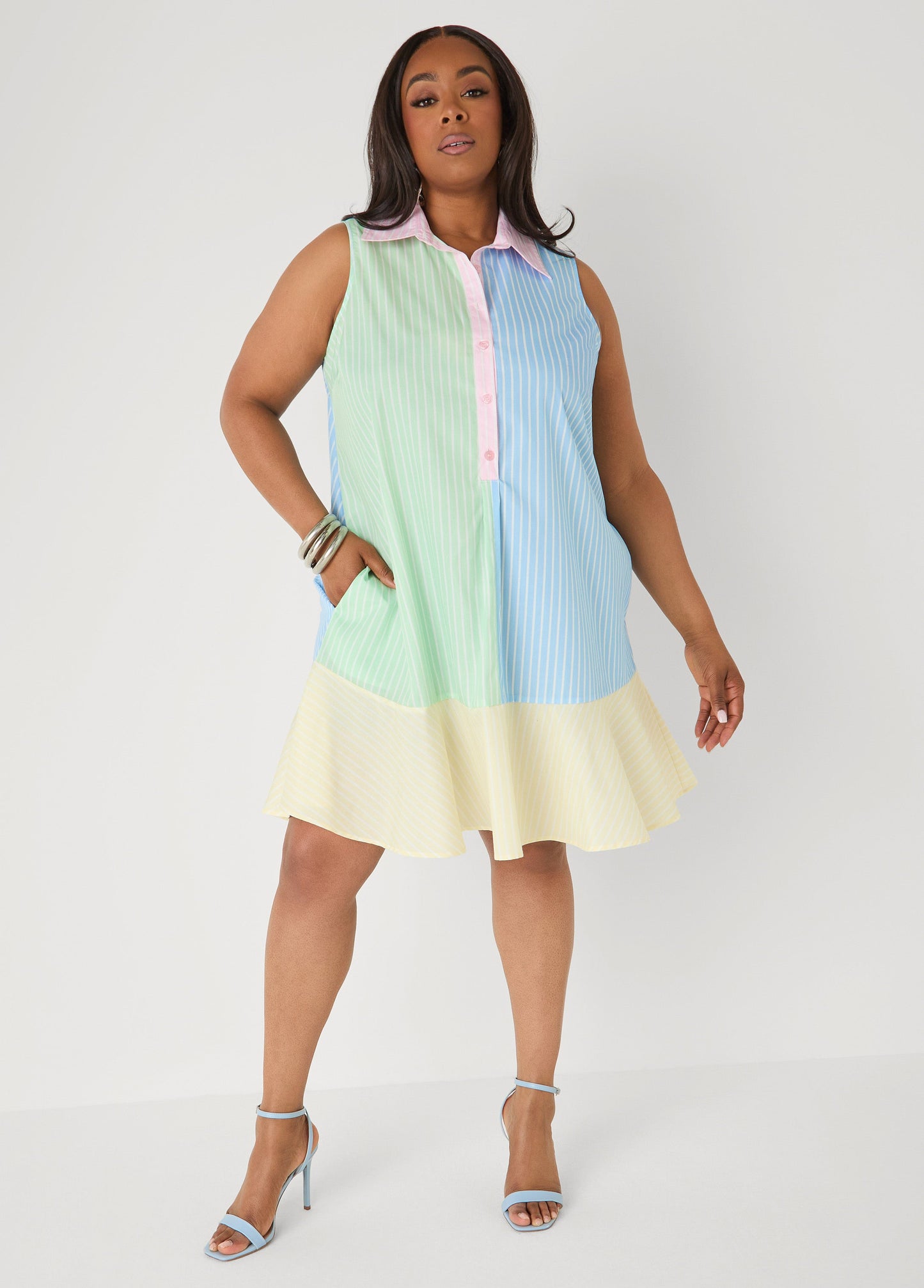 Ashley Stewart Flounced Colorblock Shirtdress Multi