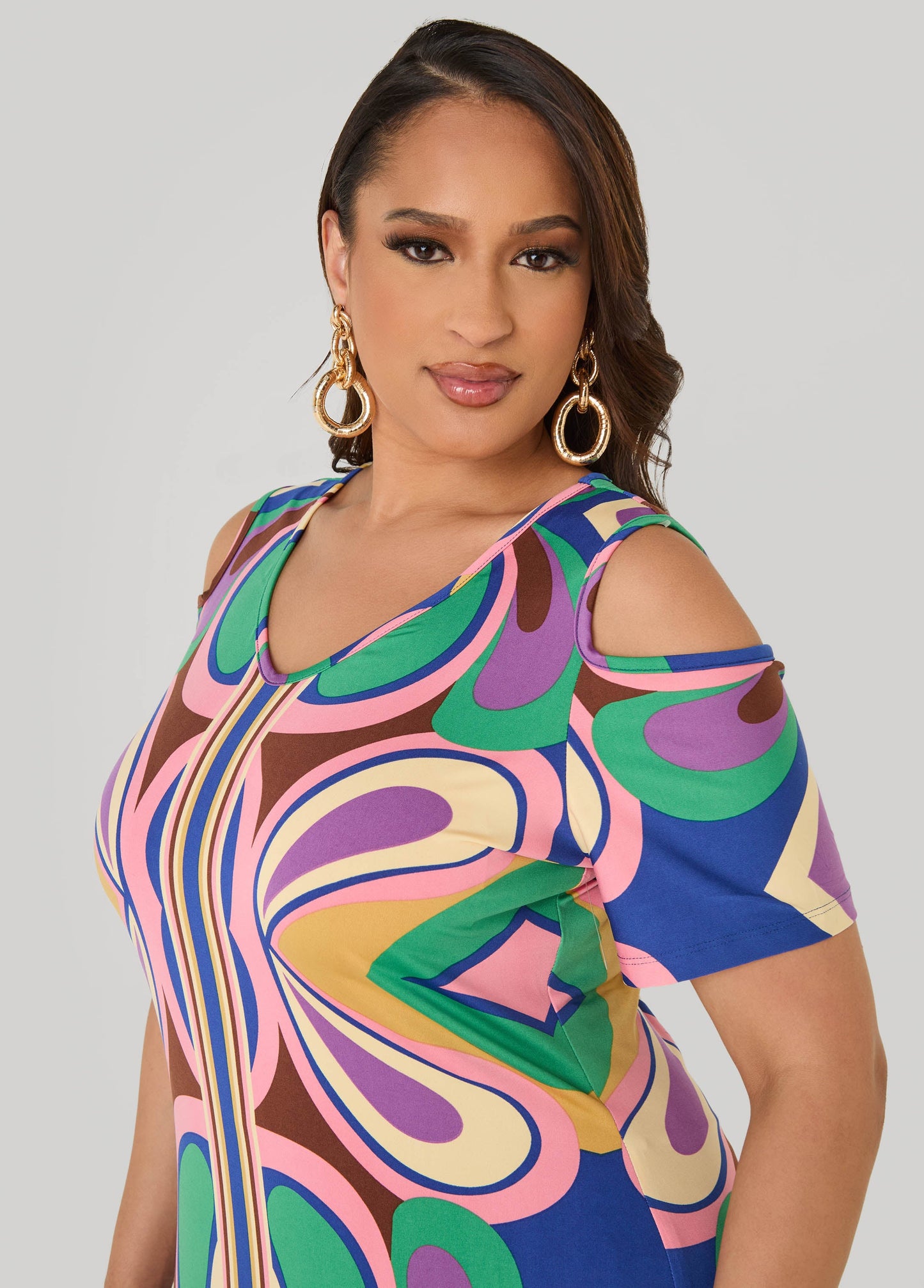 Ashley Stewart Tall Cold Shoulder Printed Maxi Dress Multi