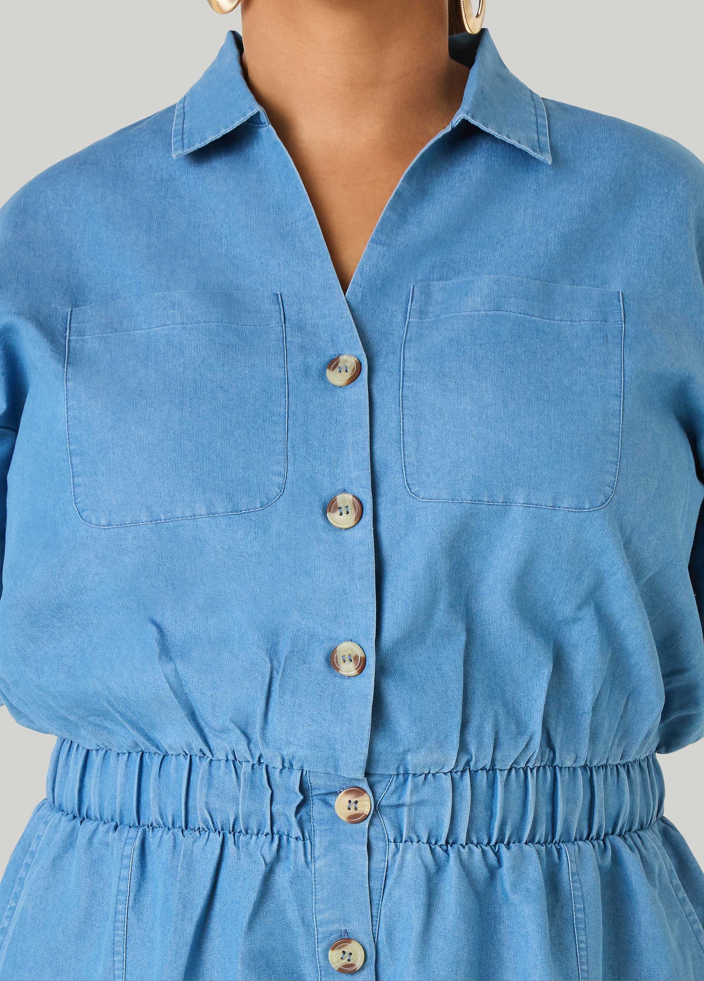Ashley Stewart Cuffed Chambray Romper Denim