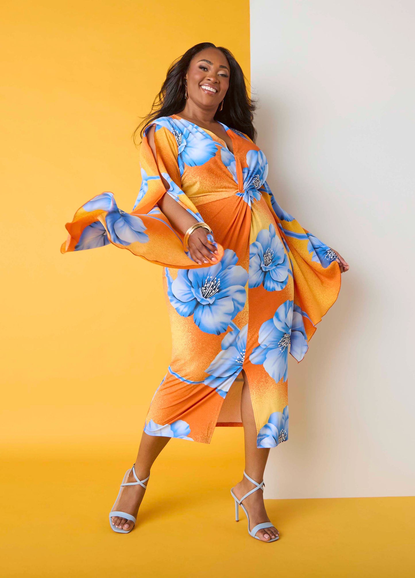 Ashley Stewart Split Sleeve Tropical Print Dress Persimmon Orange