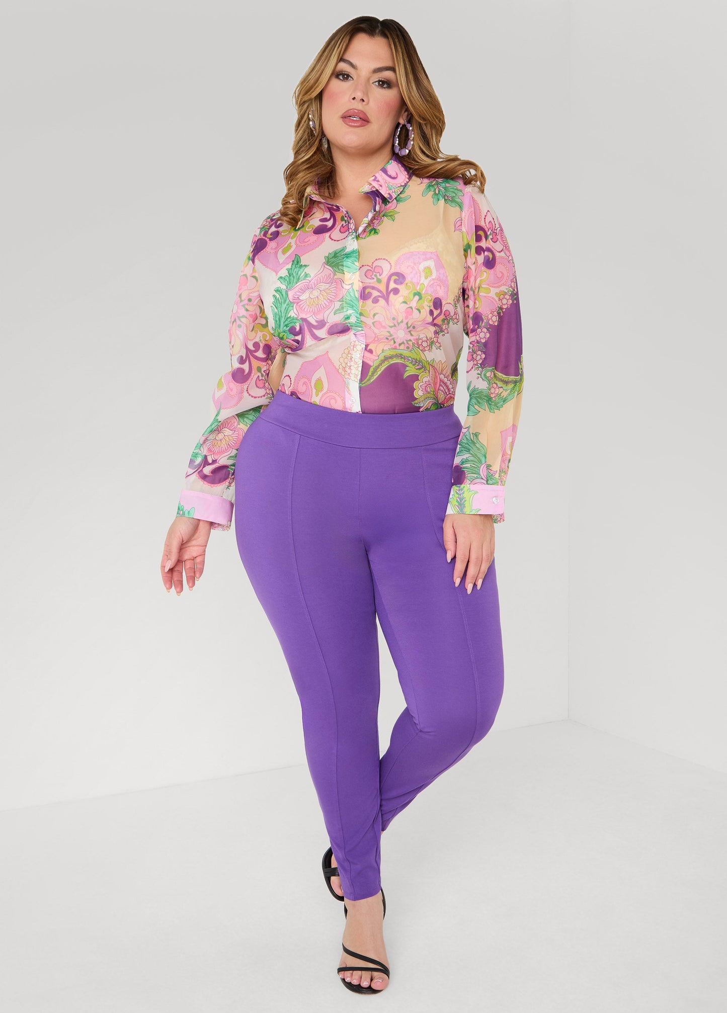 Ashley Stewart Floral Print Organza Shirt Multi