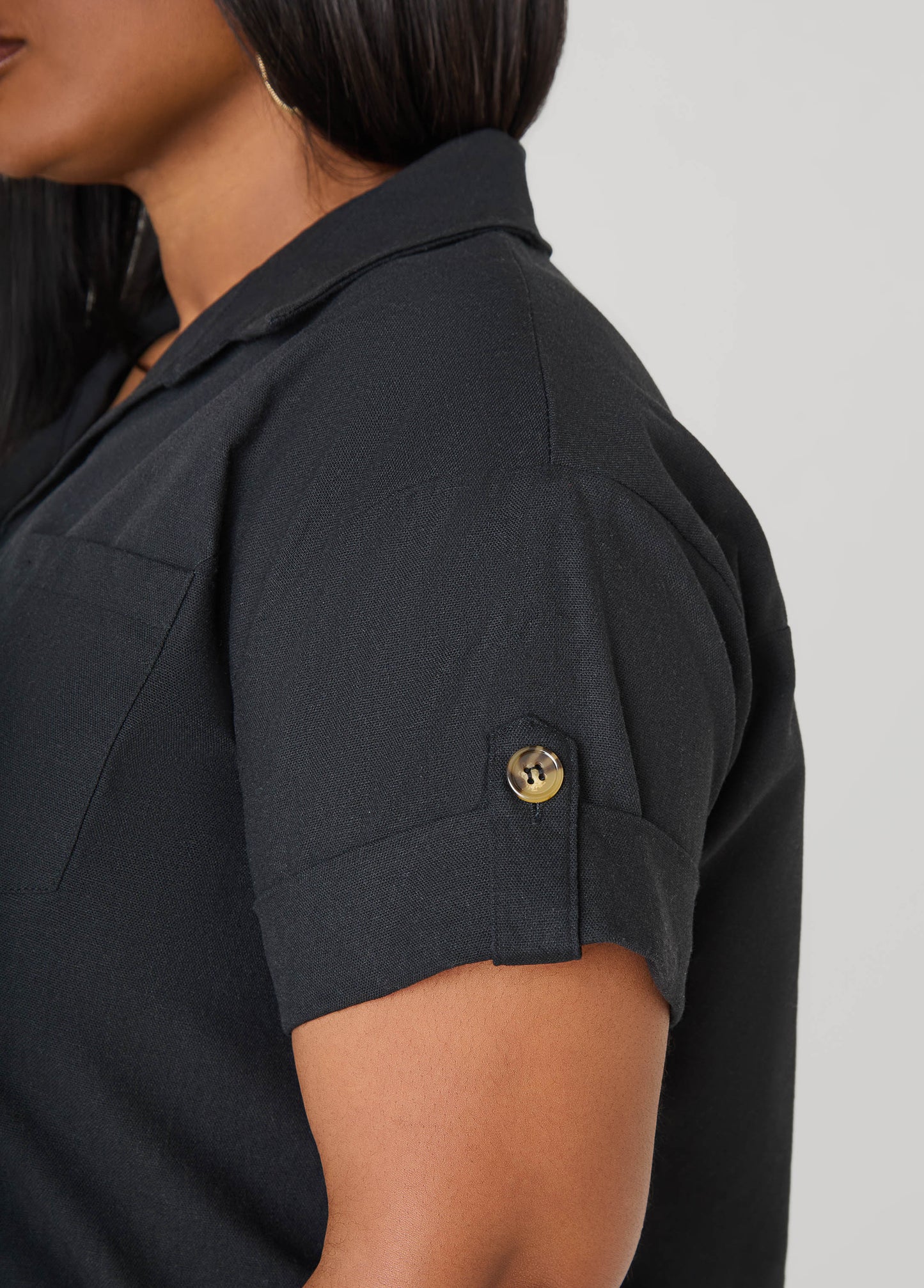 Ashley Stewart Cuffed Button Front Shirt Black