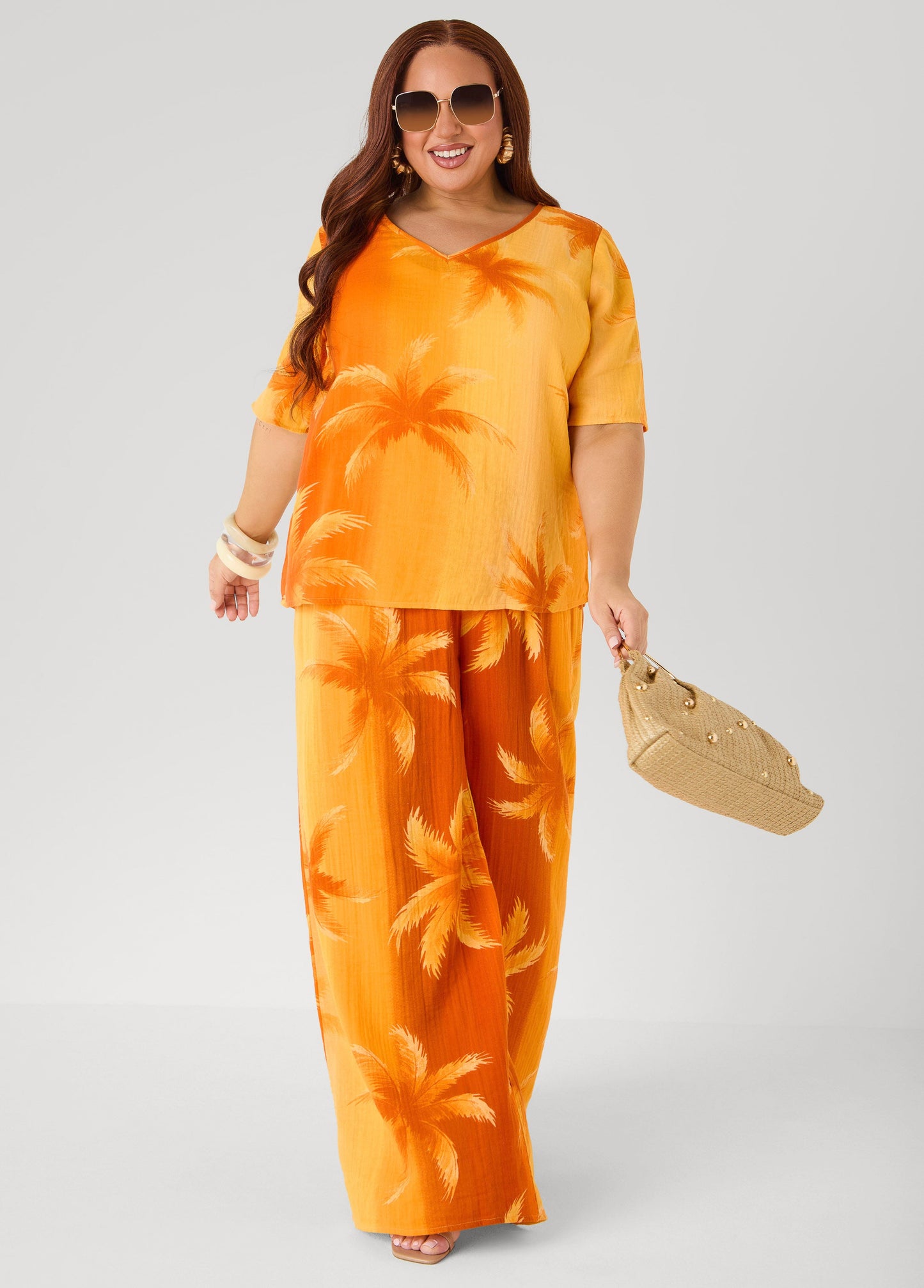 Ashley Stewart Palm Print Cotton Gauze Shirt Persimmon Orange