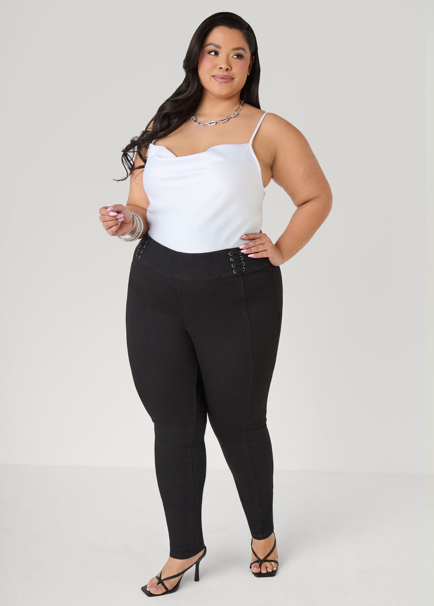 Ashley Stewart Pintucked Lace Up Jeans Dk Rinse