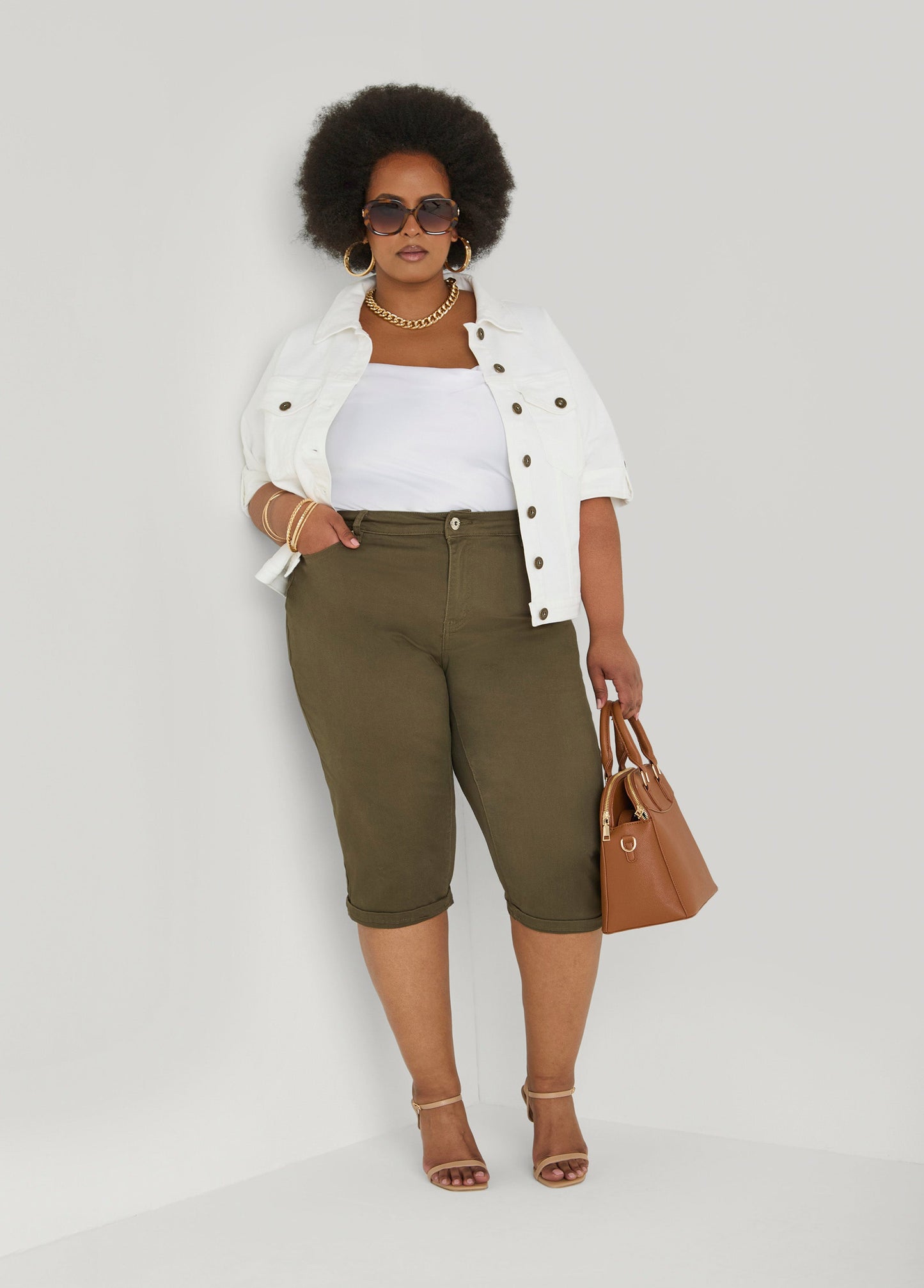 Ashley Stewart Cuffed Stretch Denim Capris POWDER BLUE