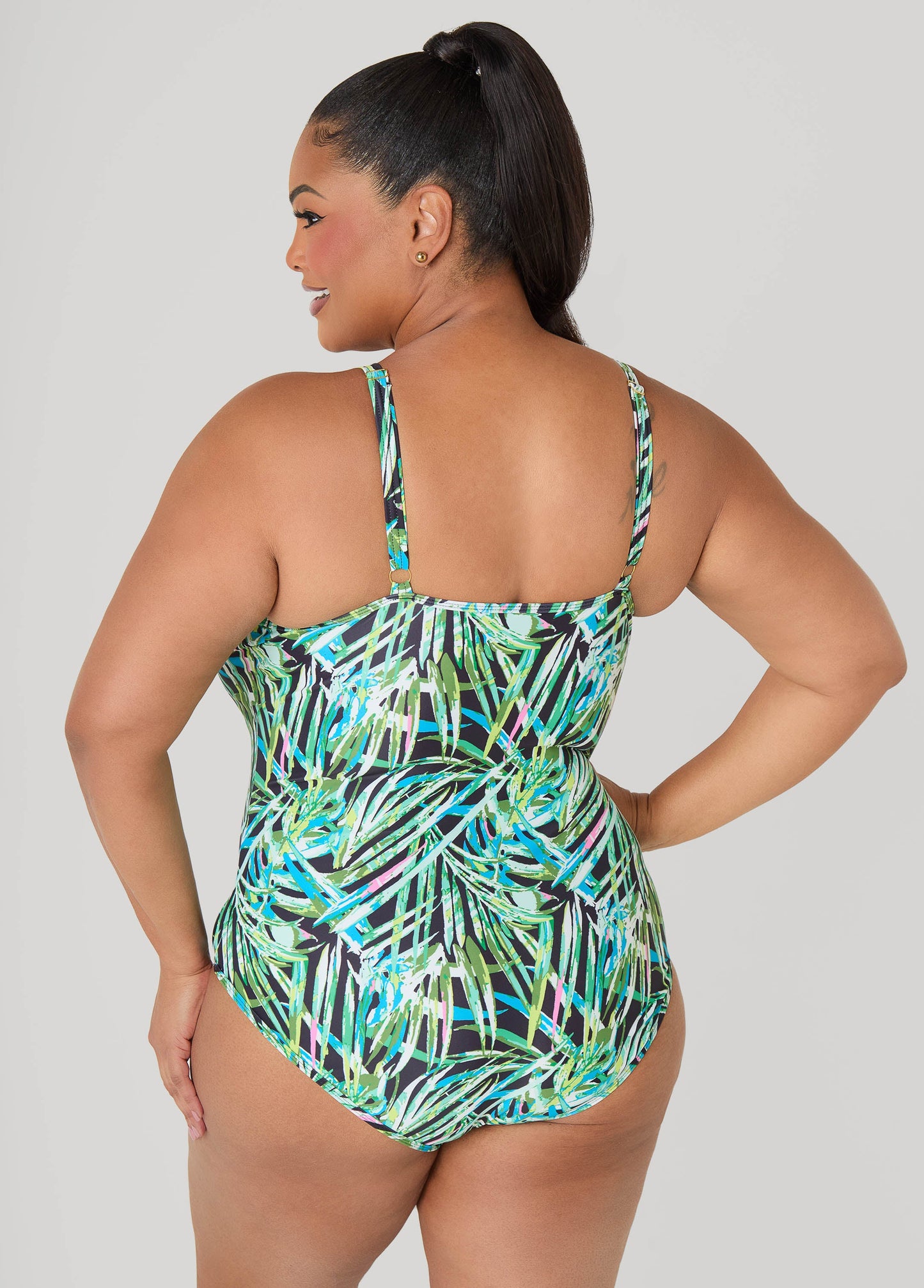 Ashley Stewart Tropical Zip Front Swimsuit Multi