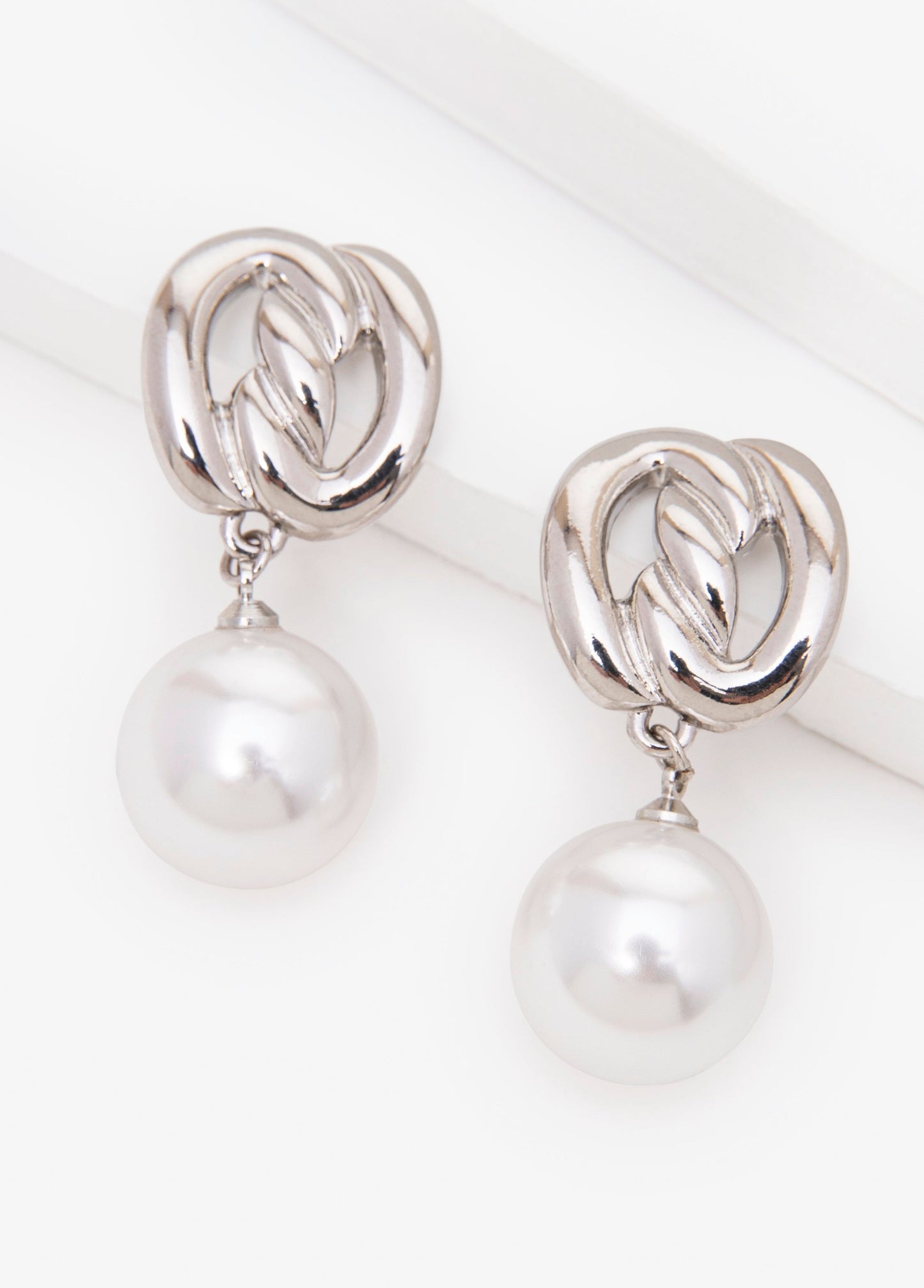 Ashley Stewart Knotted Faux Pearl Earrings Silver