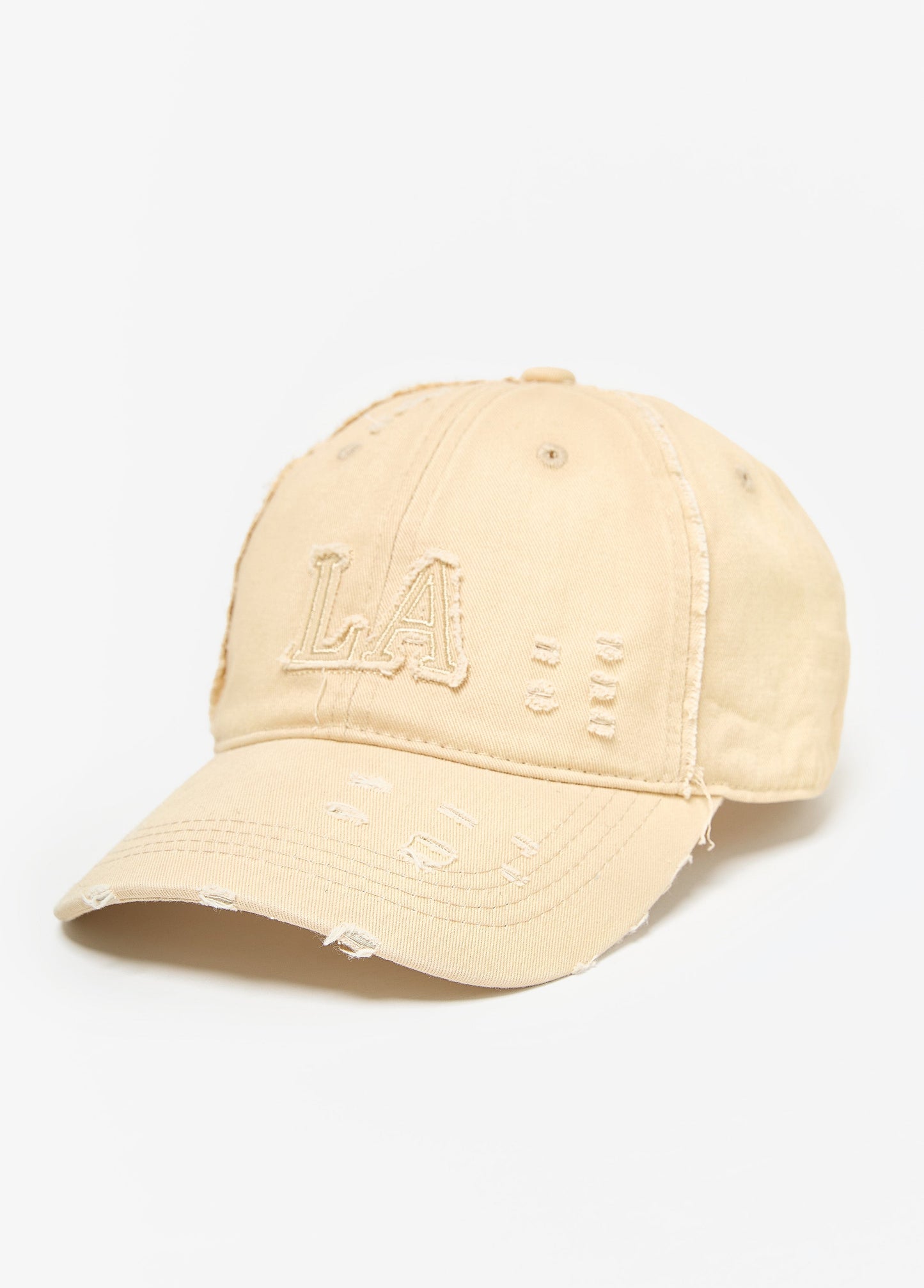 Ashley Stewart Distressed LA Denim Baseball Hat Ivory