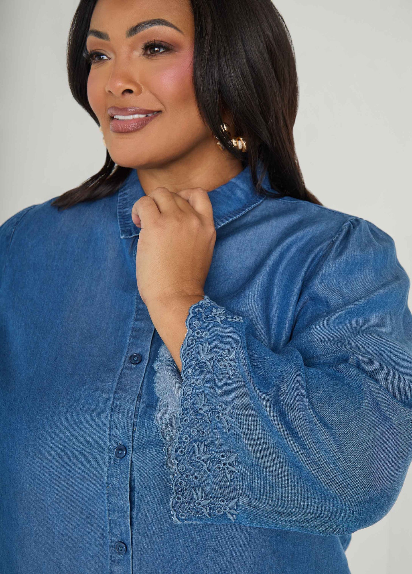 Ashley Stewart Embroidered Eyelet Chambray Shirt Blue