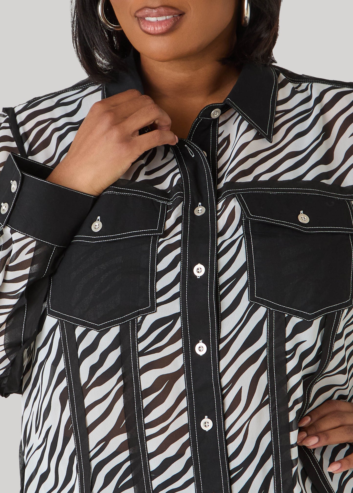 Ashley Stewart Zebra Organza Shirt Black White