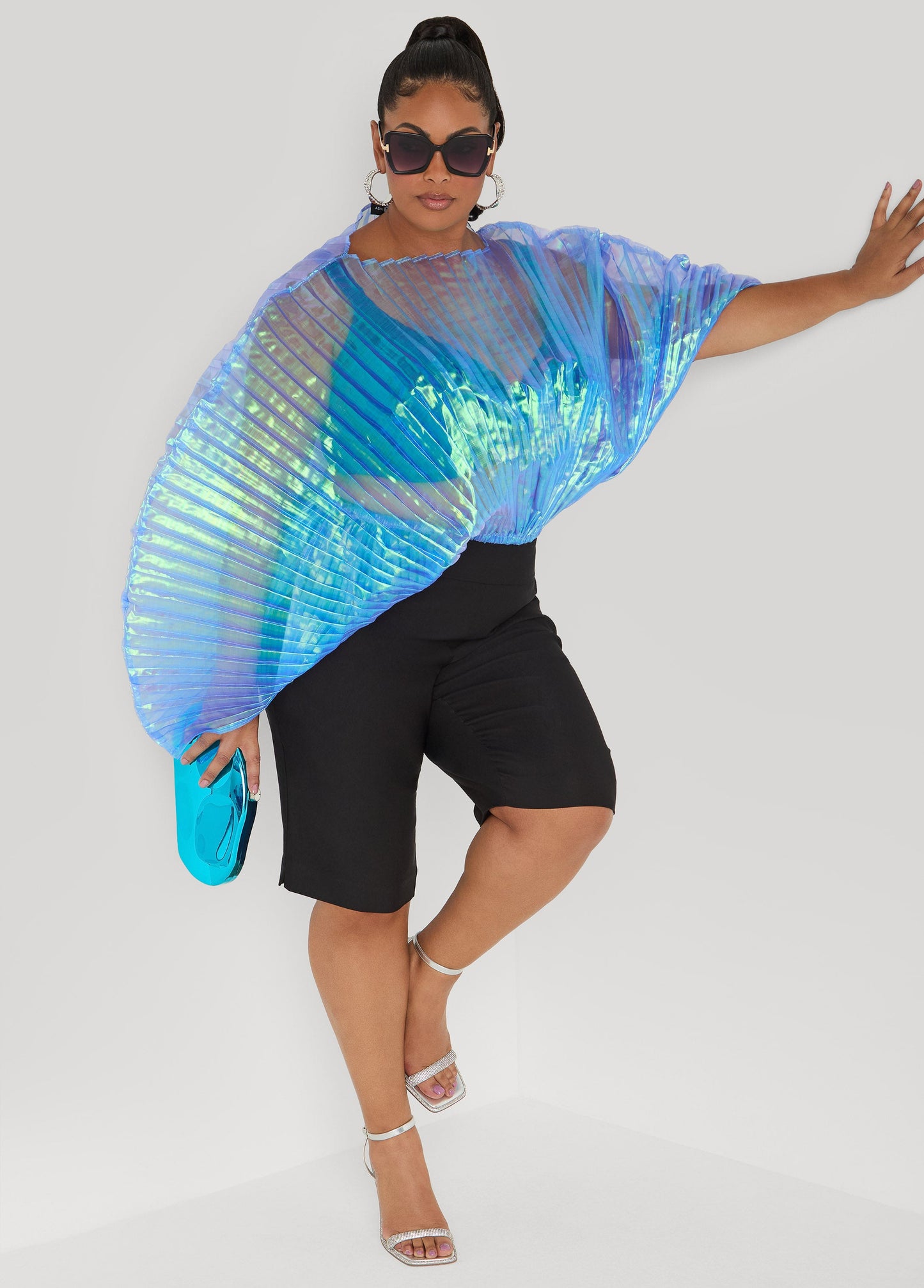 Ashley Stewart Iridescent Pleated Organza Top Blue