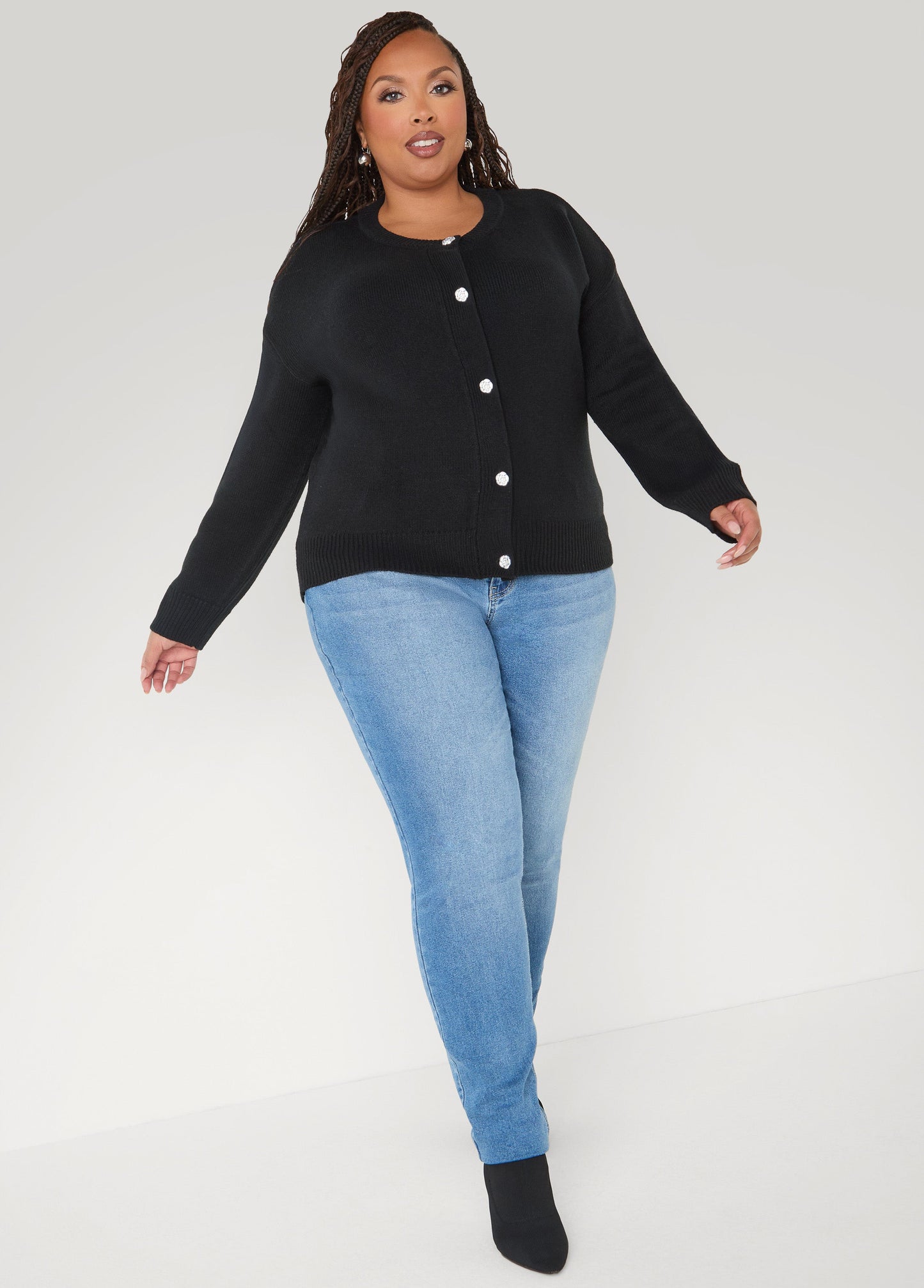 Ashley Stewart Rose Button Front Cardigan Black