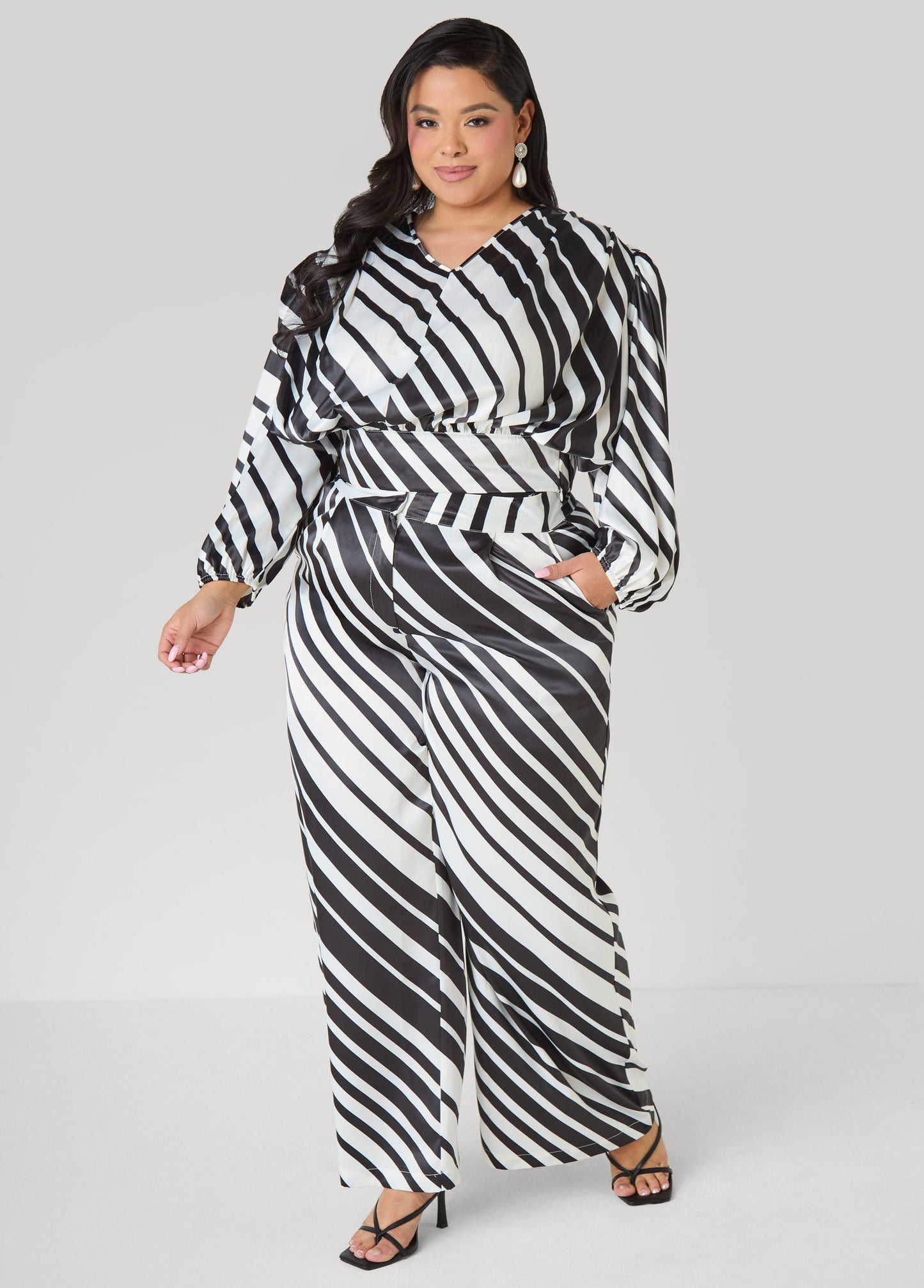 Ashley Stewart Striped Pleated Satin Pants White Black