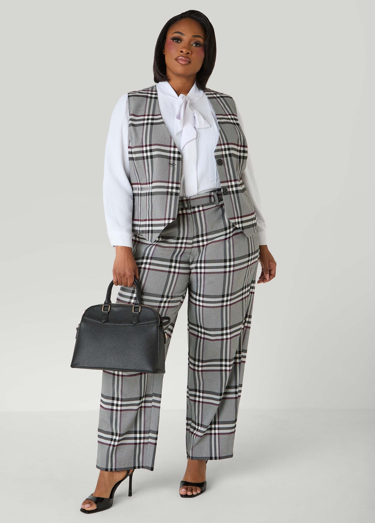 Ashley Stewart Millennium Plaid Vest Grey Flannel