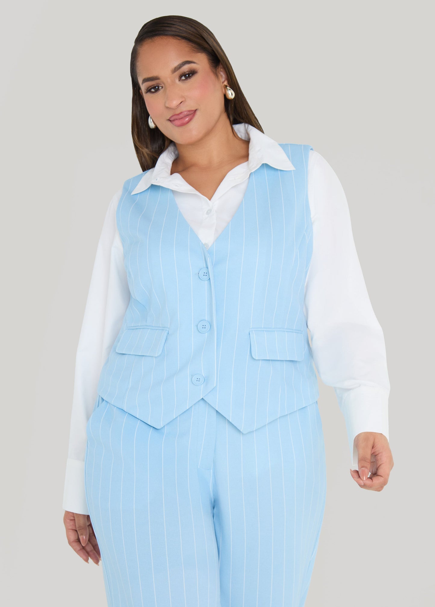 Ashley Stewart Striped Crepe Vest POWDER BLUE