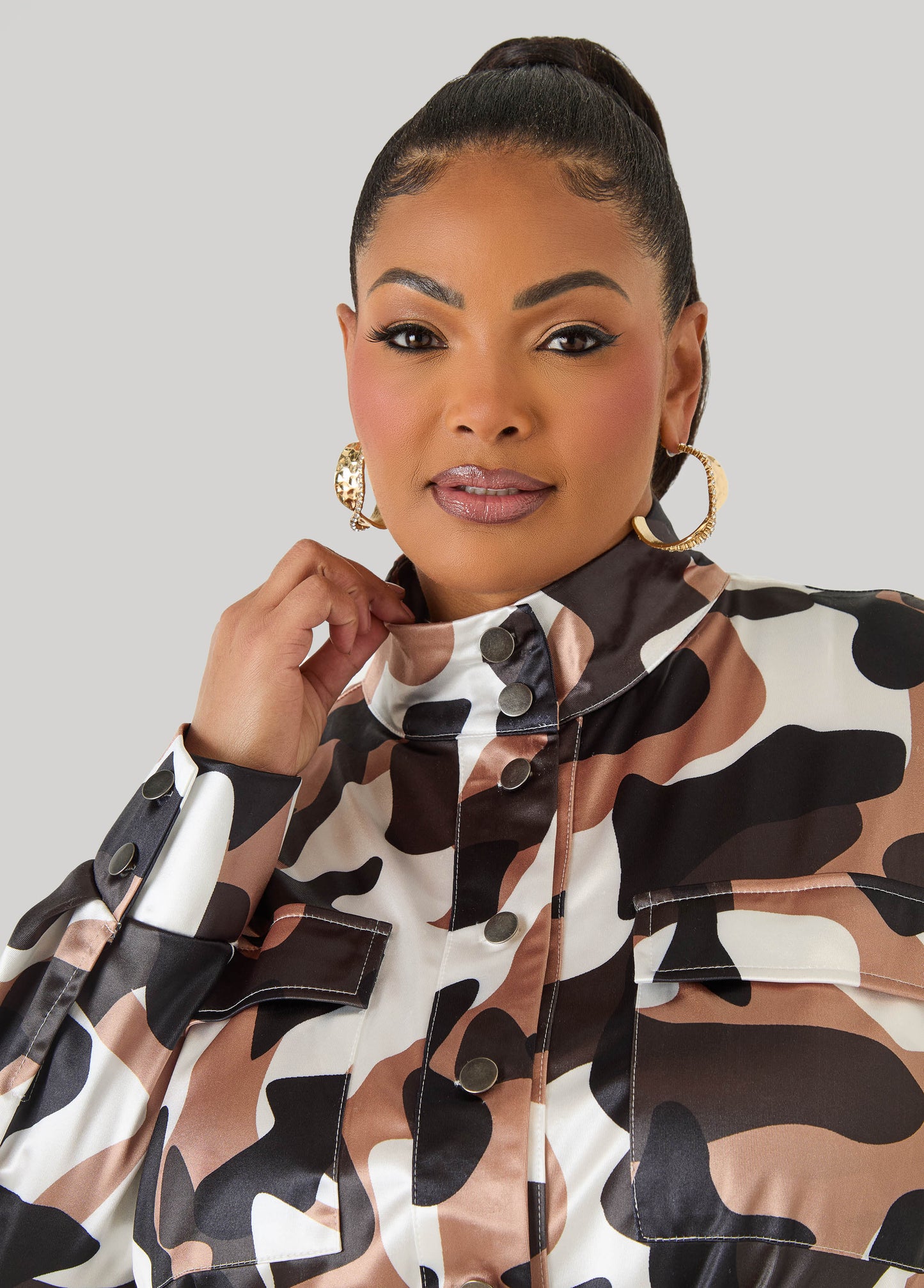Ashley Stewart Belted Camo Print Satin Jacket Olive