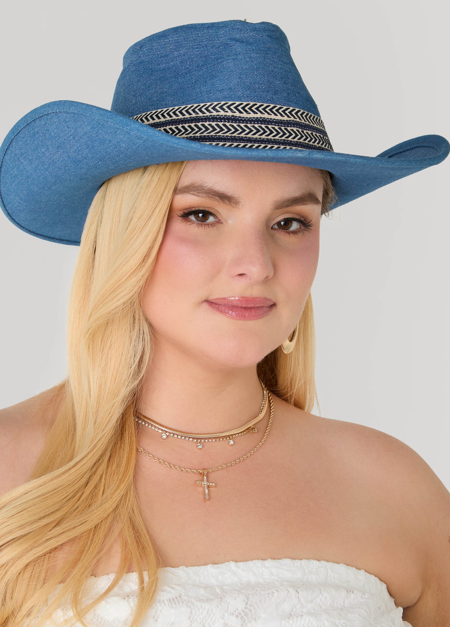 Ashley Stewart Chevron Trimmed Denim Cowboy Hat Denim