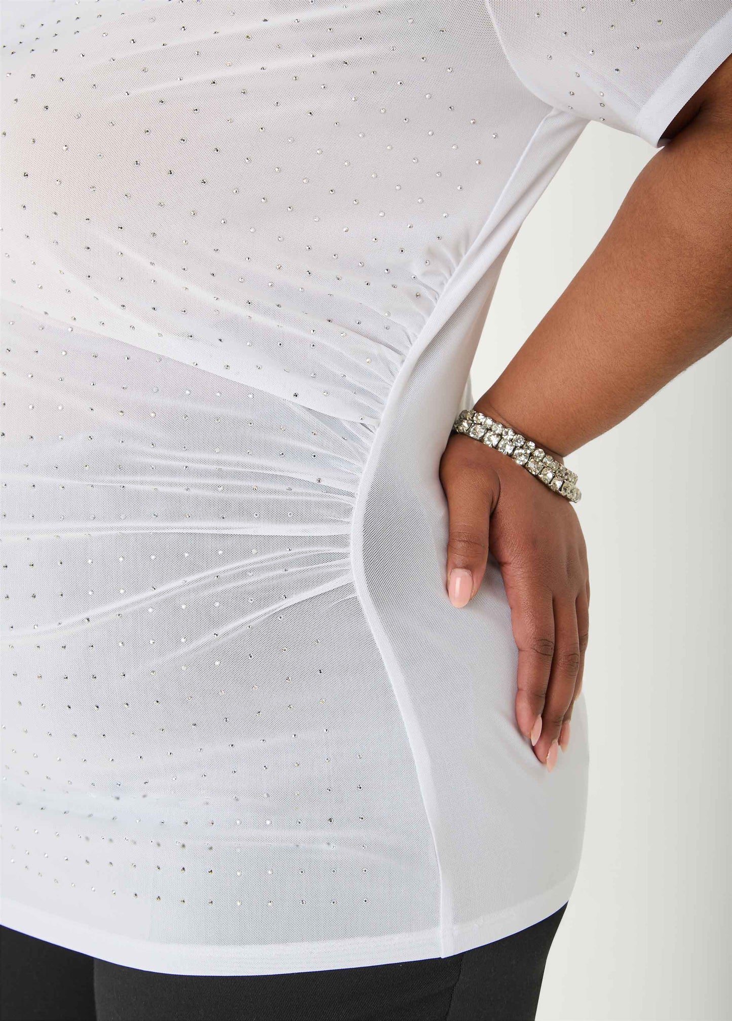 Ashley Stewart Crystal Cowl Neck Mesh Top White