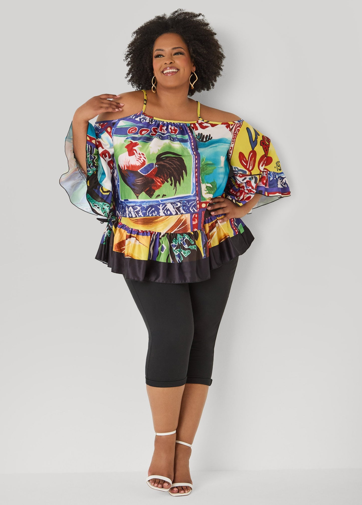 Ashley Stewart Printed Satin Cold Shoulder Blouse Multi
