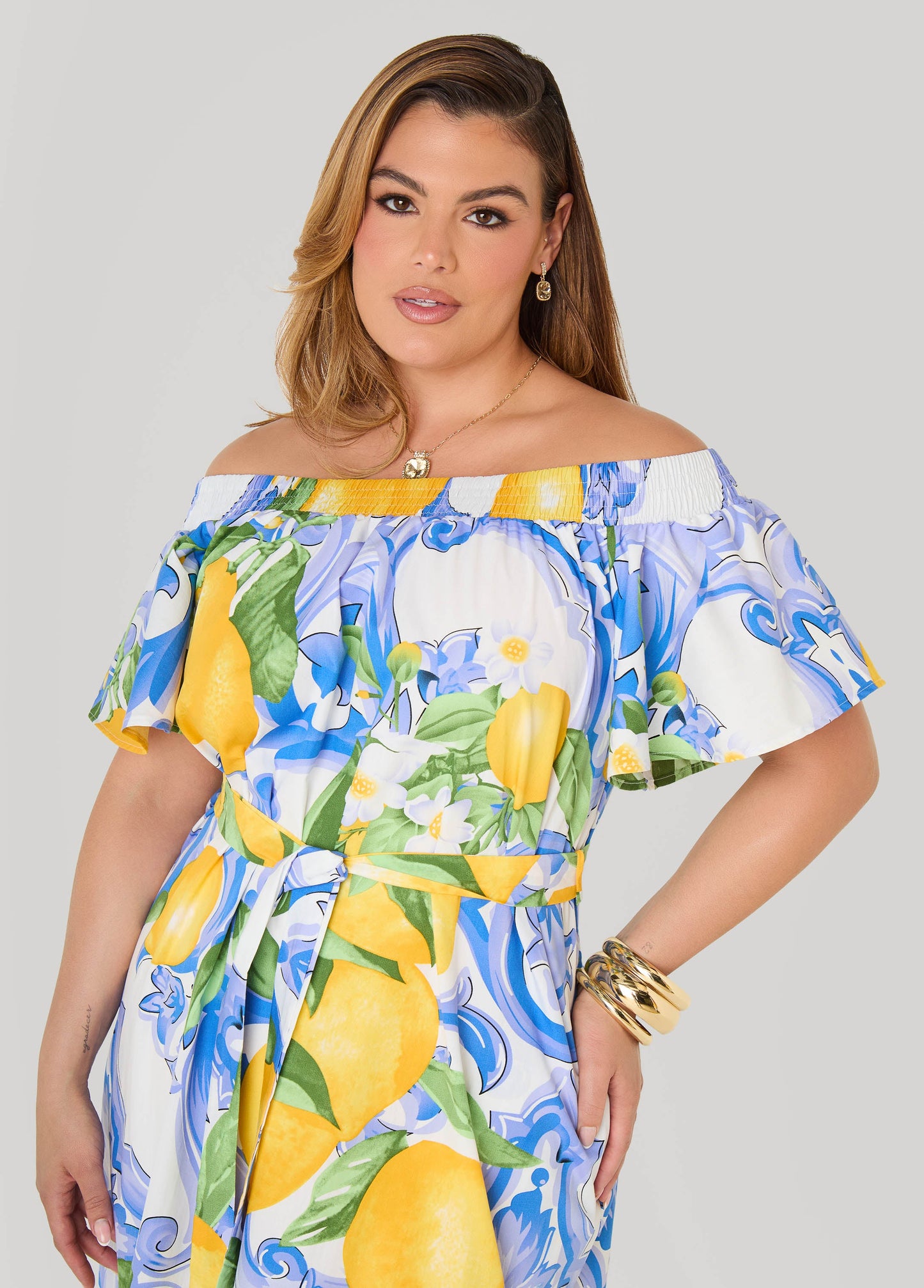 Ashley Stewart Off The Shoulder Lemon Print Dress Victoria Blue