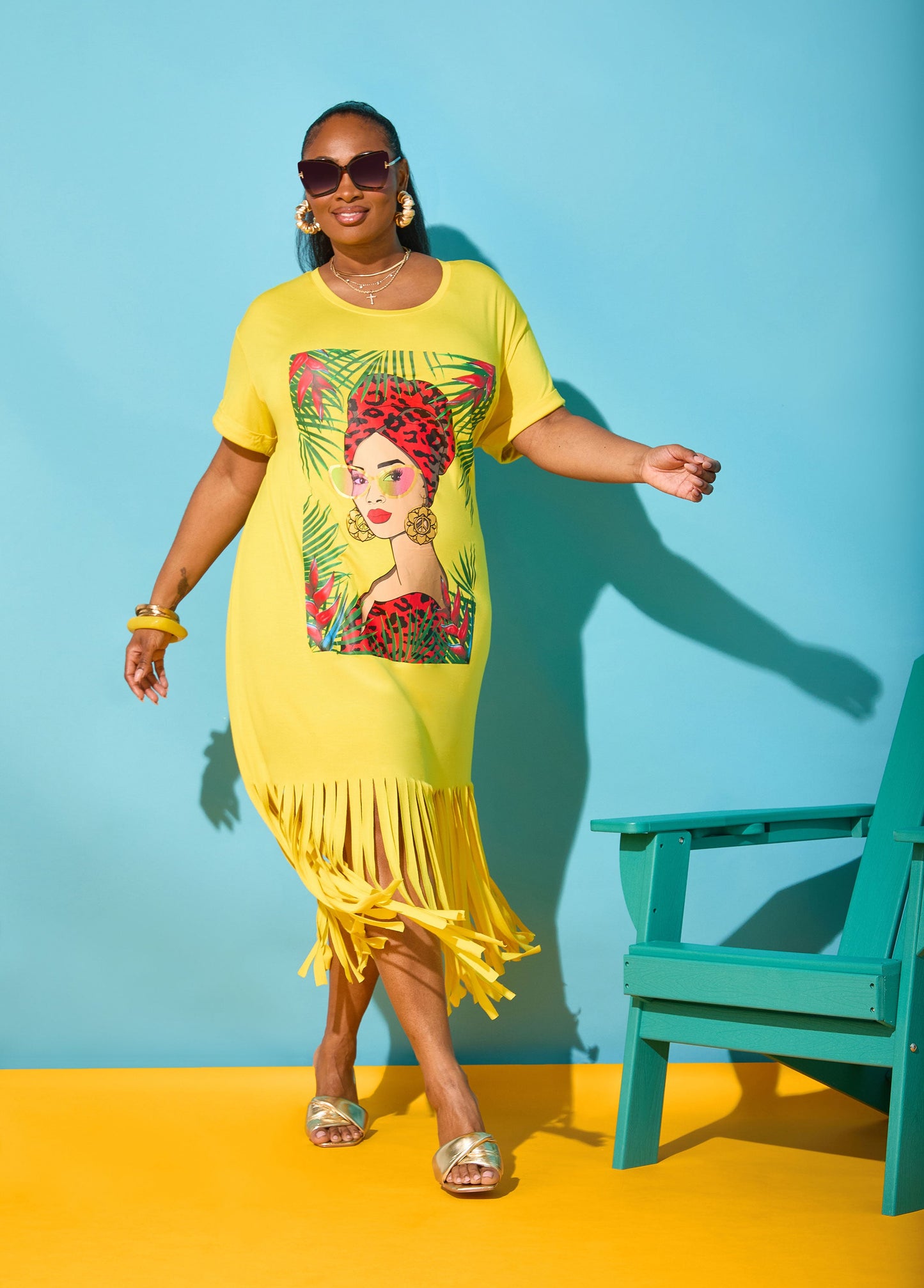 Ashley Stewart Tropical Fringed T Shirt Dress Primrose Yellow