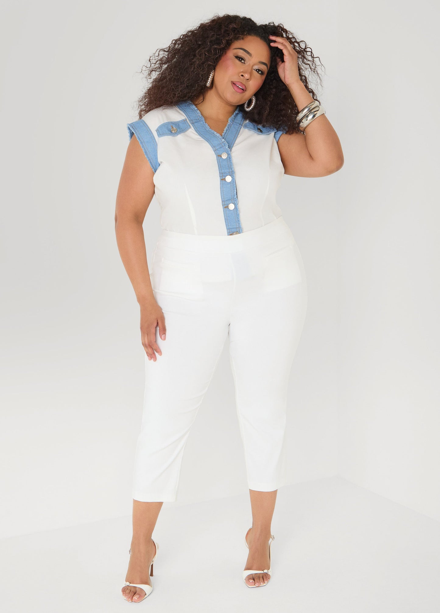 Ashley Stewart Denim Trimmed Cotton Shirt White