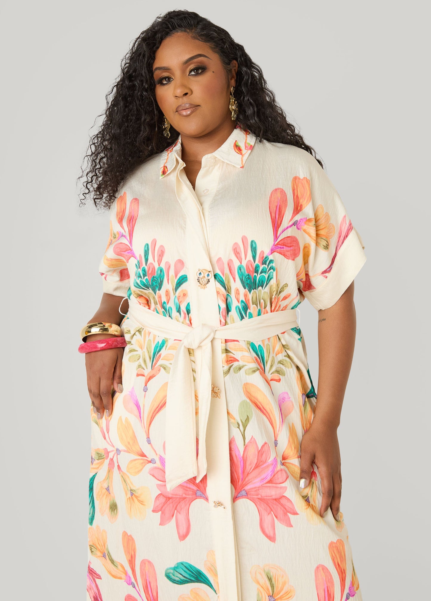 Ashley Stewart Floral Print Maxi Shirtdress Calypso Coral