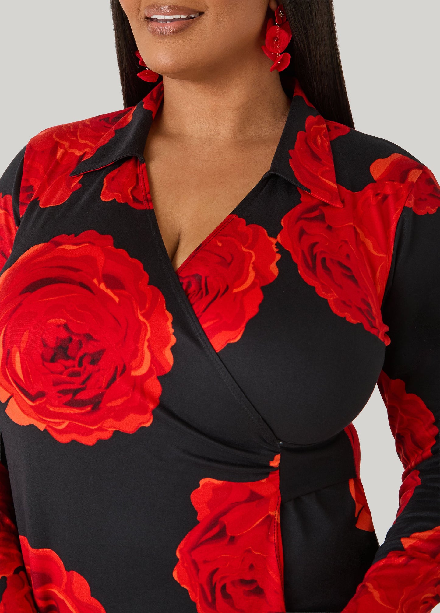 Ashley Stewart Rose Print Faux Wrap Dress Black Combo