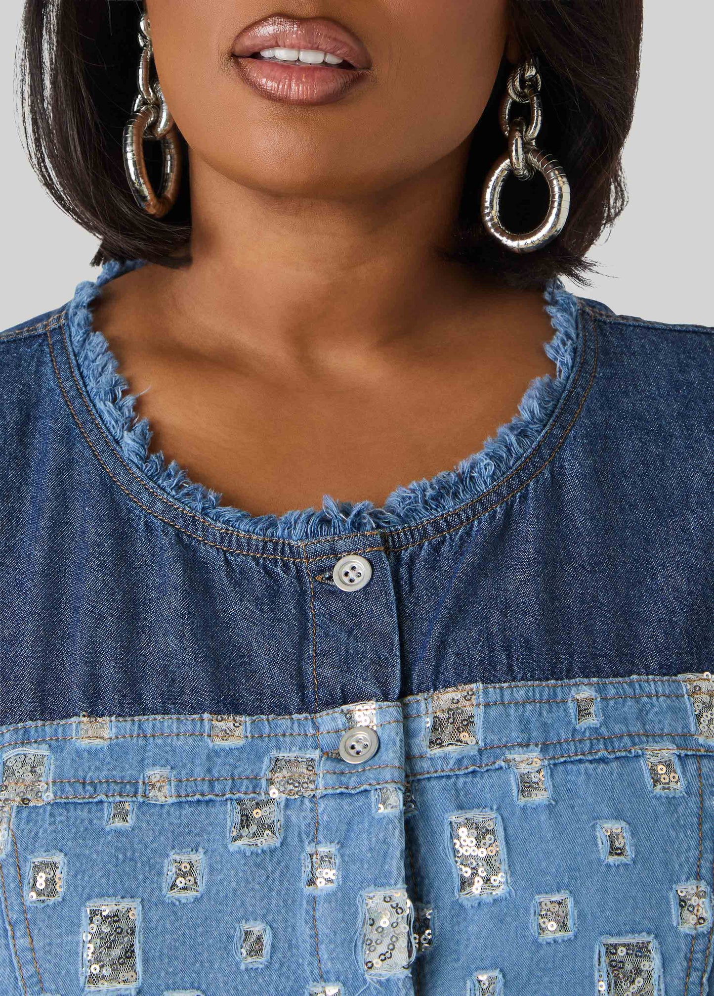 Ashley Stewart Distressed Embellished Denim Shirt Denim