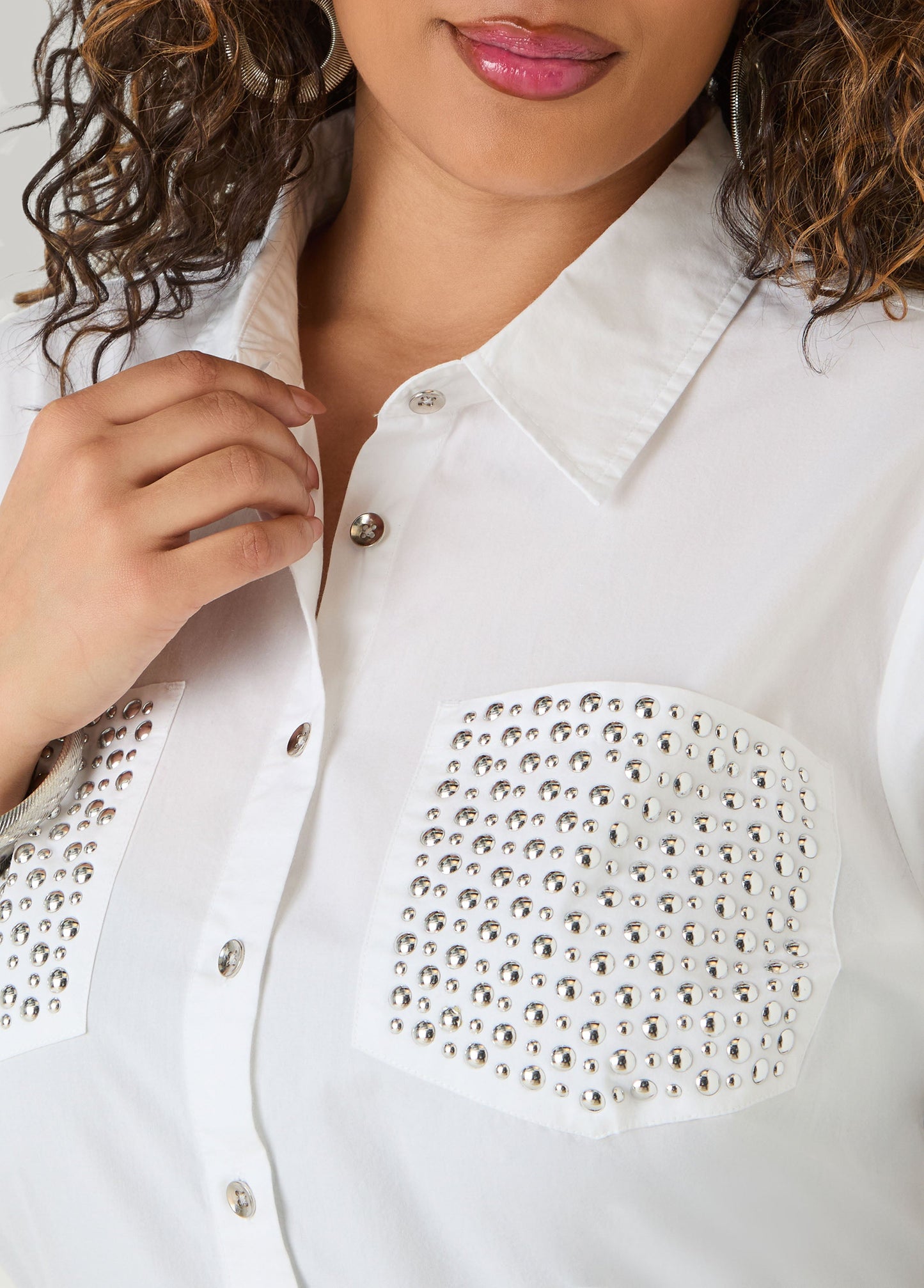 Ashley Stewart Studded Cotton Shirt White