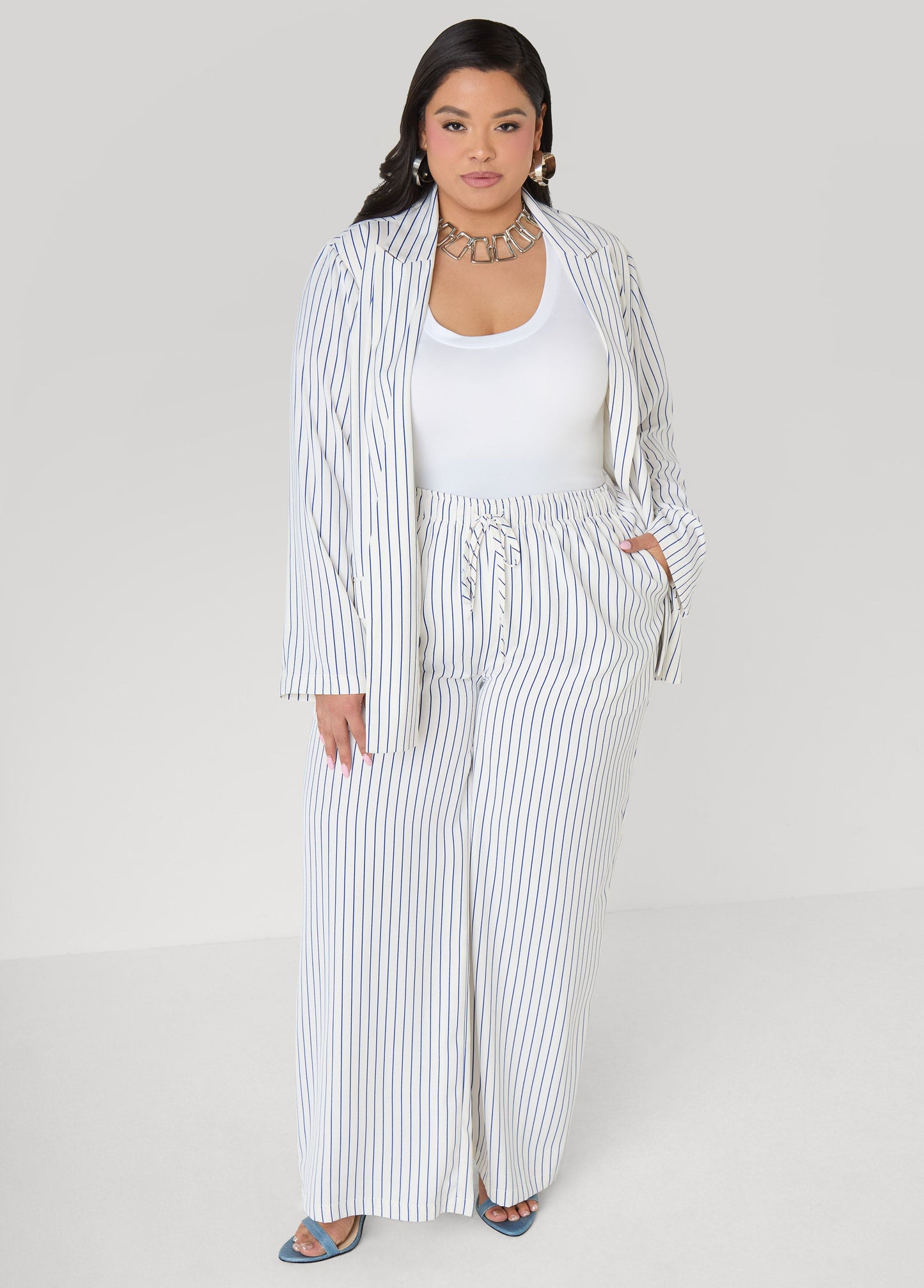 Ashley Stewart Pinstriped Wide Leg Pants Turtledove