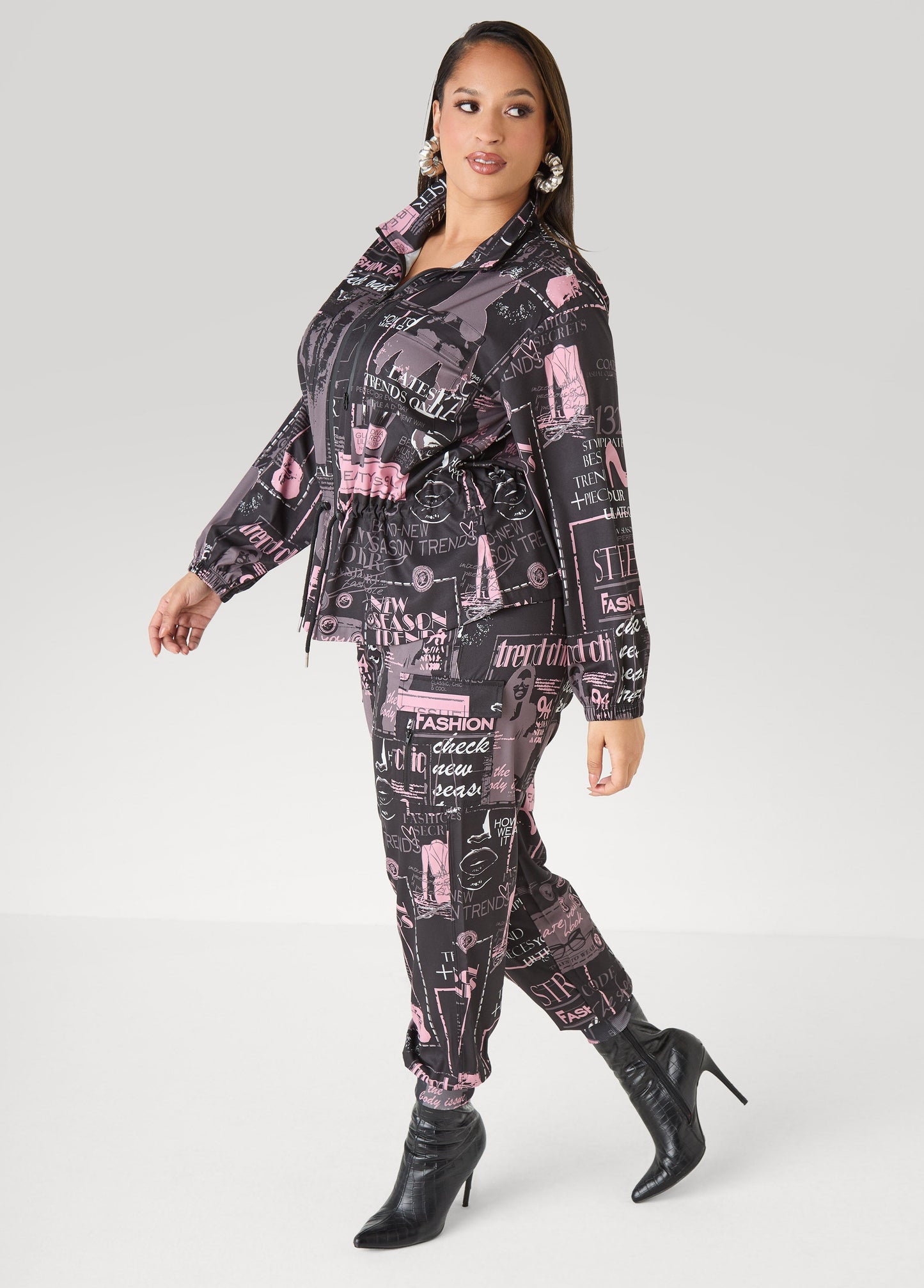 Ashley Stewart Newspaper Print Cargo Joggers Black Combo