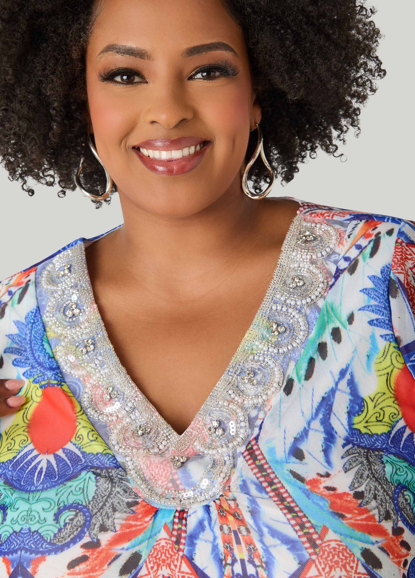 Ashley Stewart Embellished Printed Mesh Top Multi