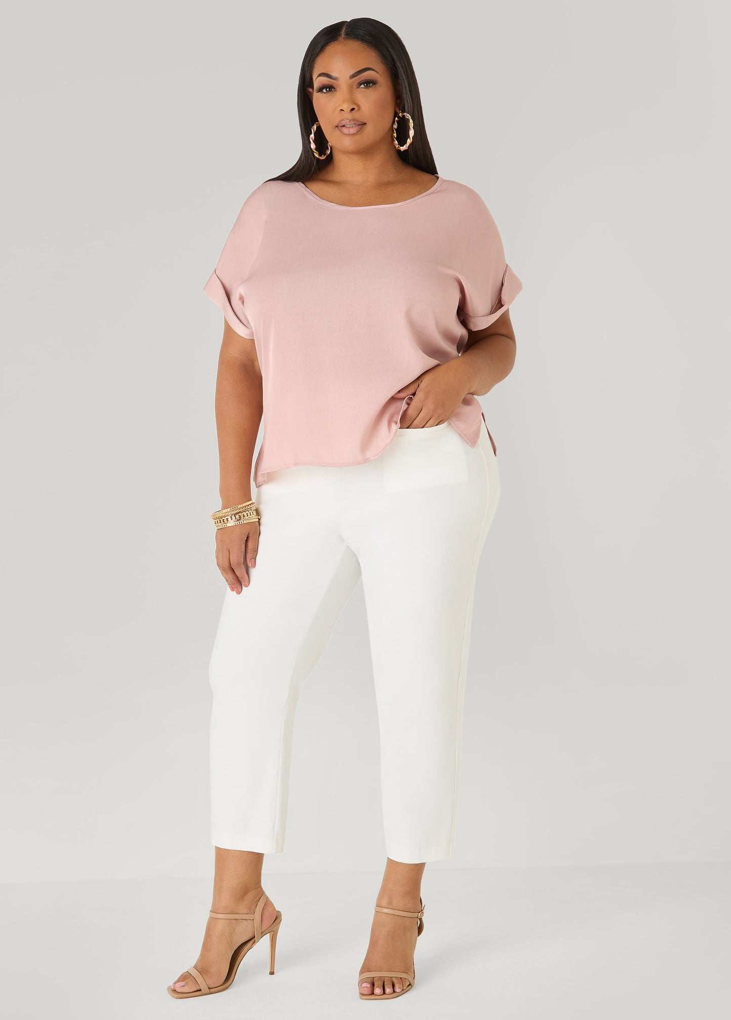 Ashley Stewart Plus Size Dolman Blouse | Relaxed Fit in Chambray Blue & Blush Pink Denim
