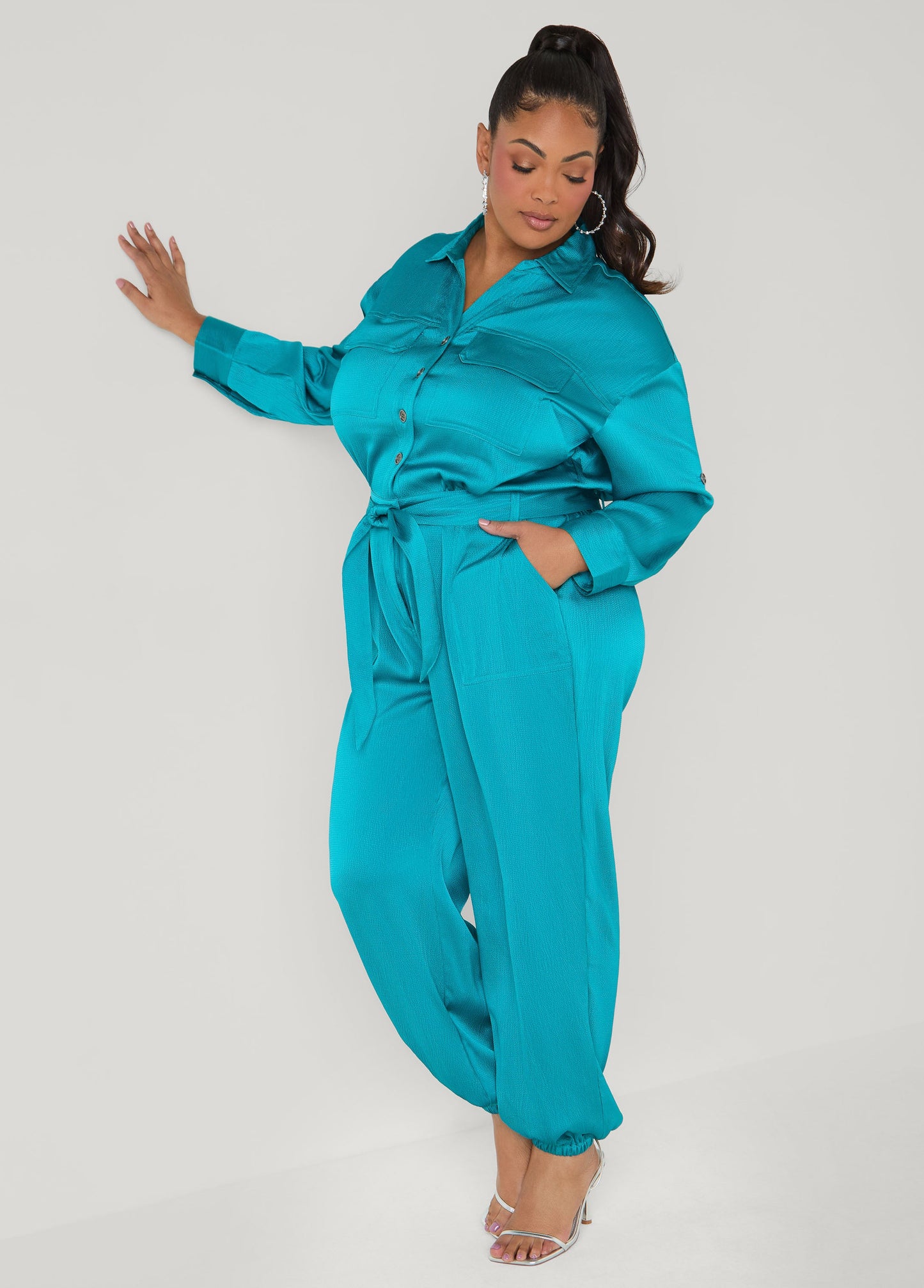 Ashley Stewart Hammered Satin Joggers Jumpsuit Copper