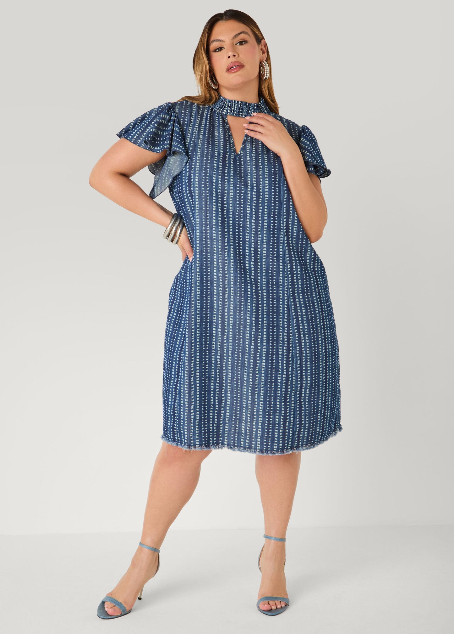 Ashley Stewart Printed Keyhole Chambray Dress Indigo