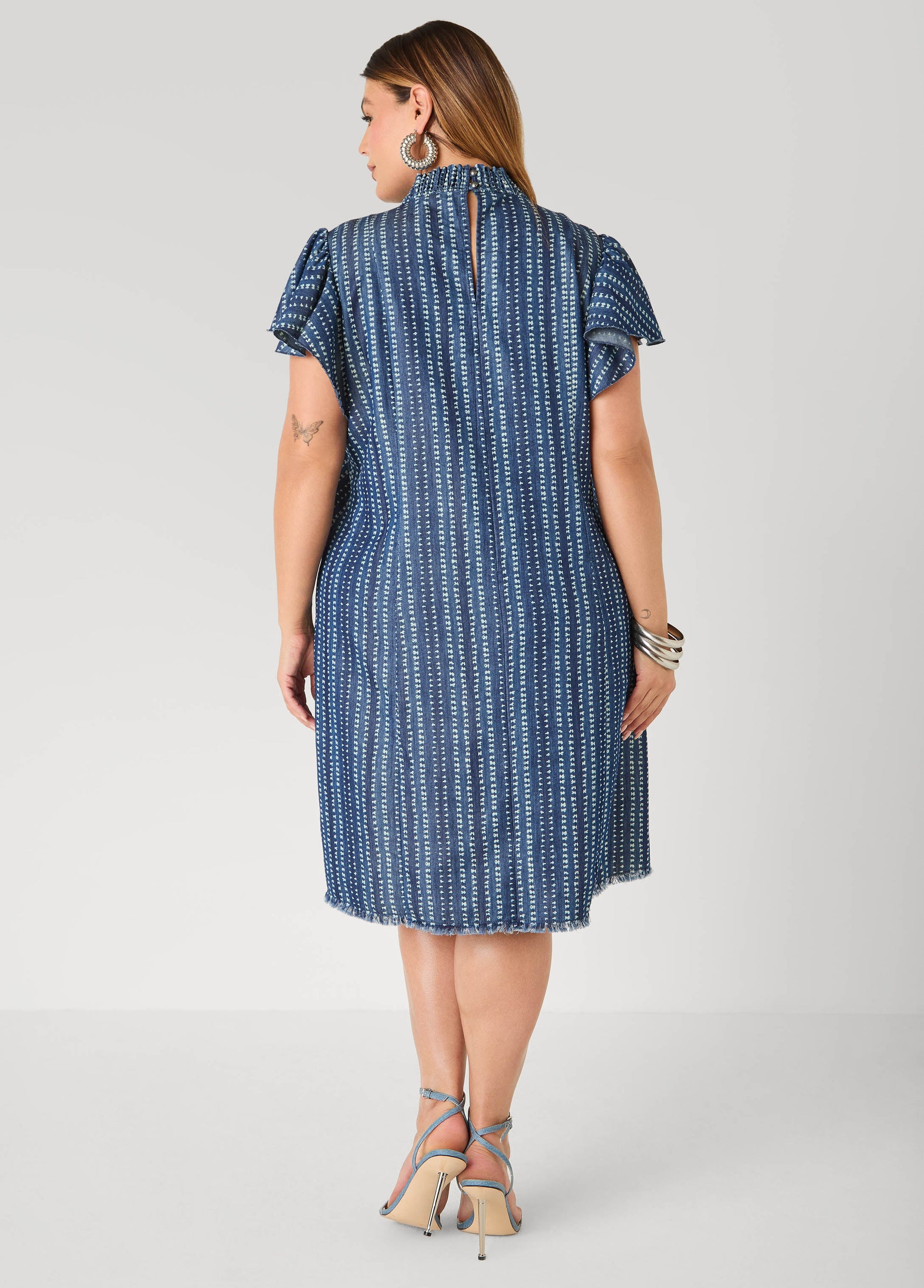 Ashley Stewart Printed Keyhole Chambray Dress Indigo