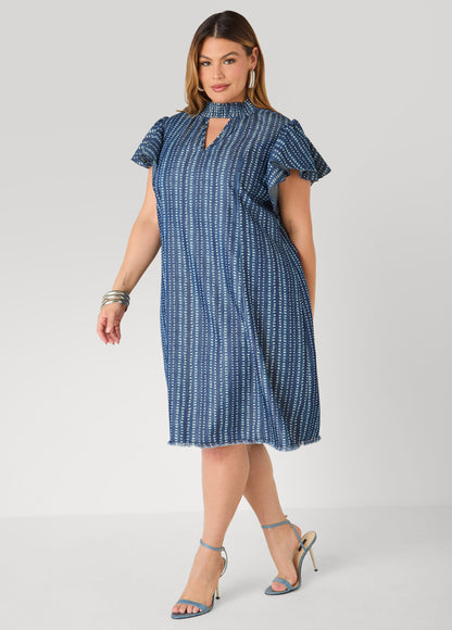 Ashley Stewart Printed Keyhole Chambray Dress Indigo