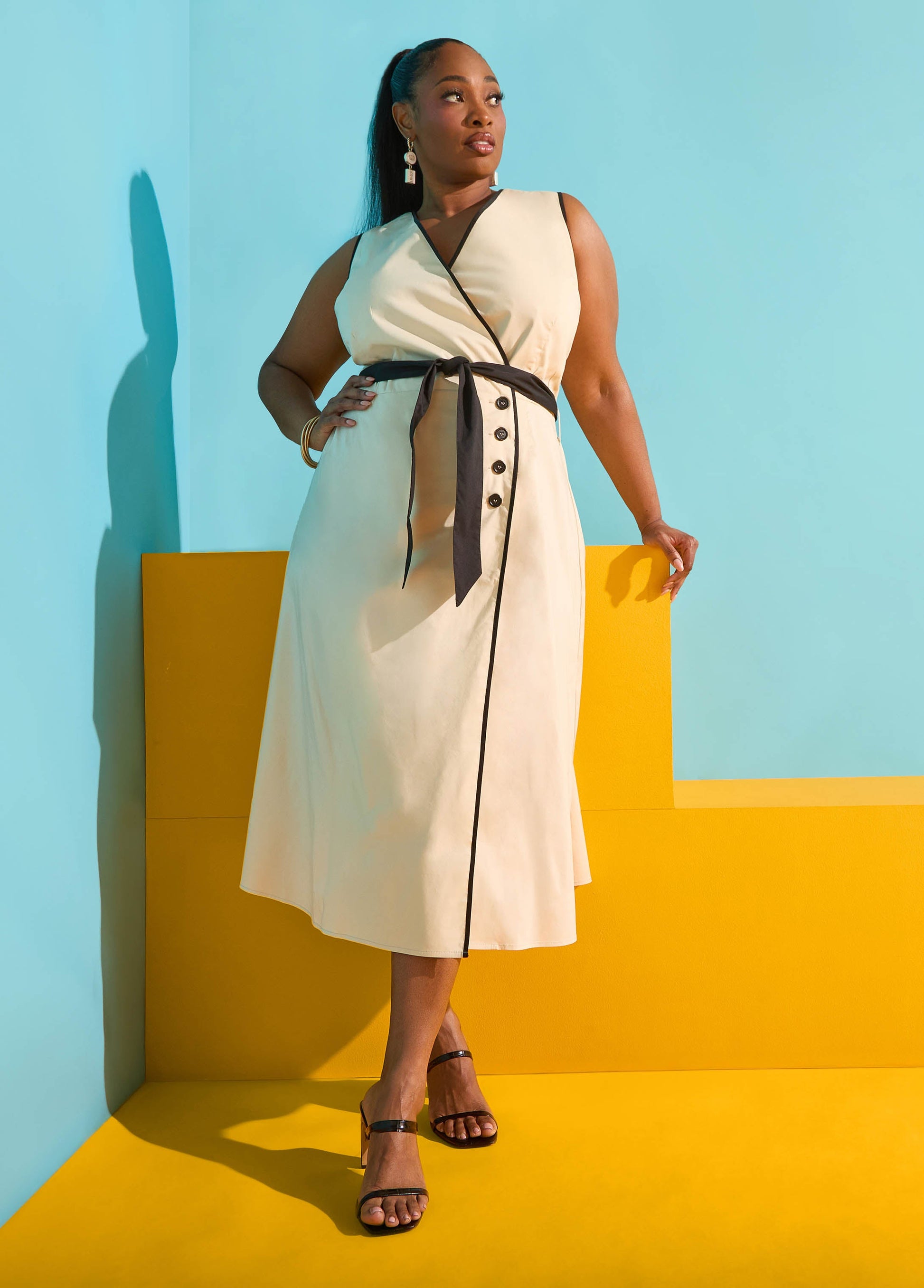 Ashley Stewart Cotton Blend A Line Wrap Dress Bleached Sand