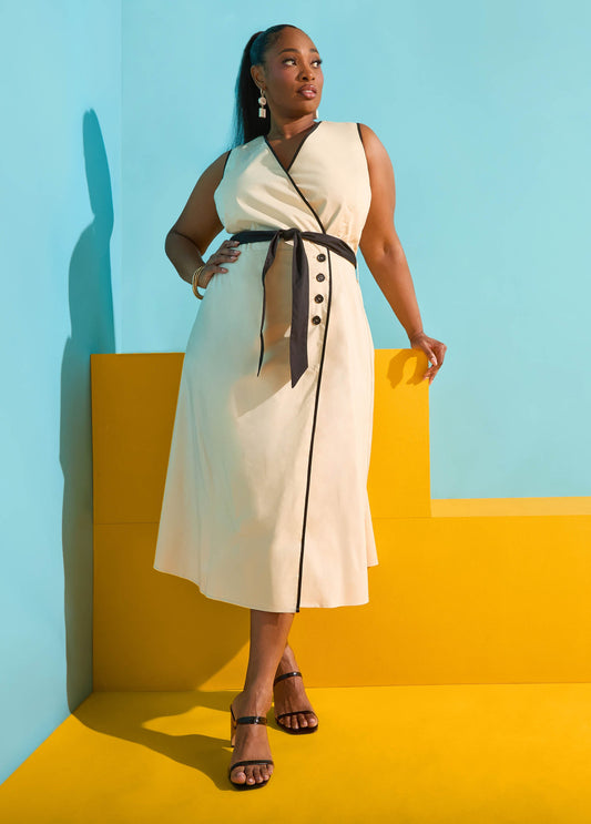 Ashley Stewart Cotton Blend A Line Wrap Dress Bleached Sand